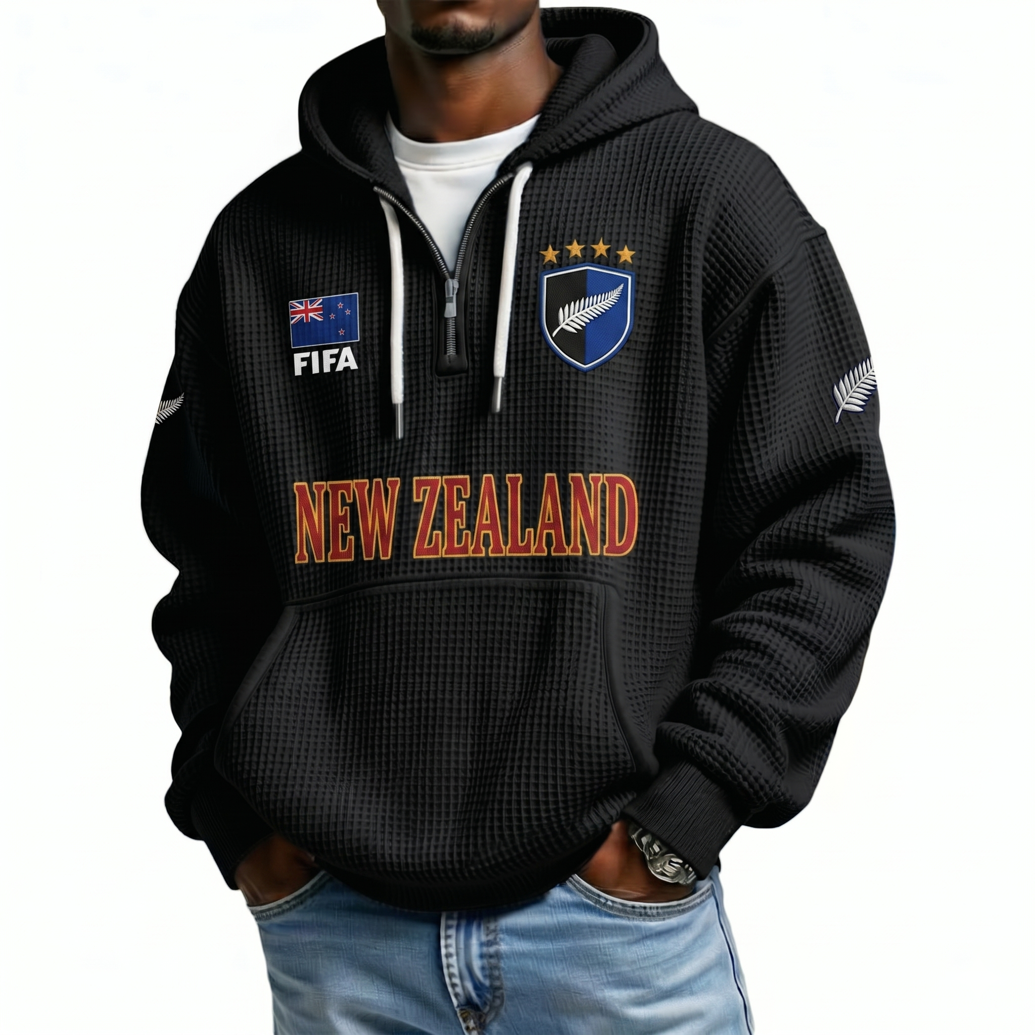 FIFA 2026 New Zealand Printed Waffle Quarter Zip Football Fan Hoodie