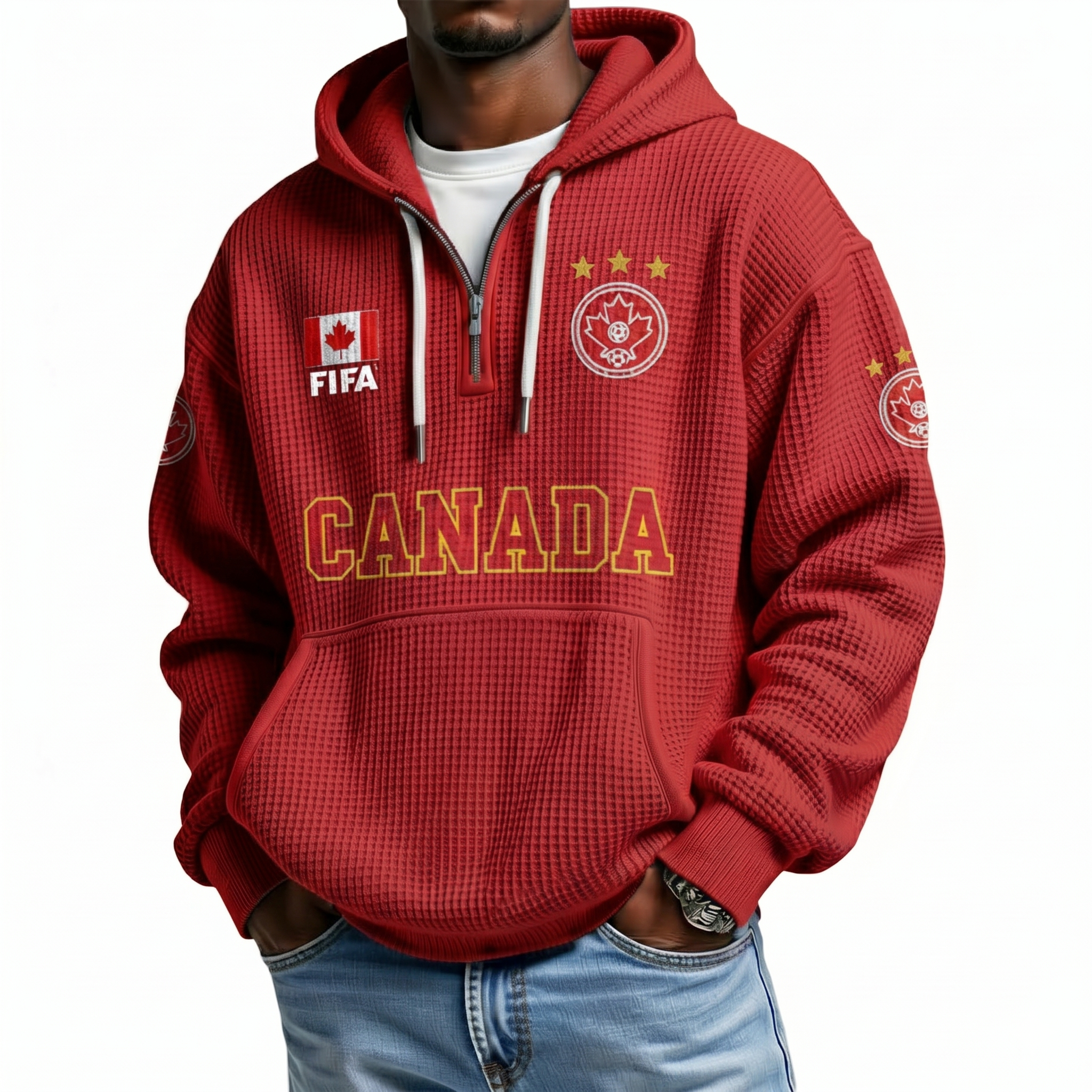 FIFA 2026 Canada Printed Waffle Quarter Zip Football Fan Hoodie