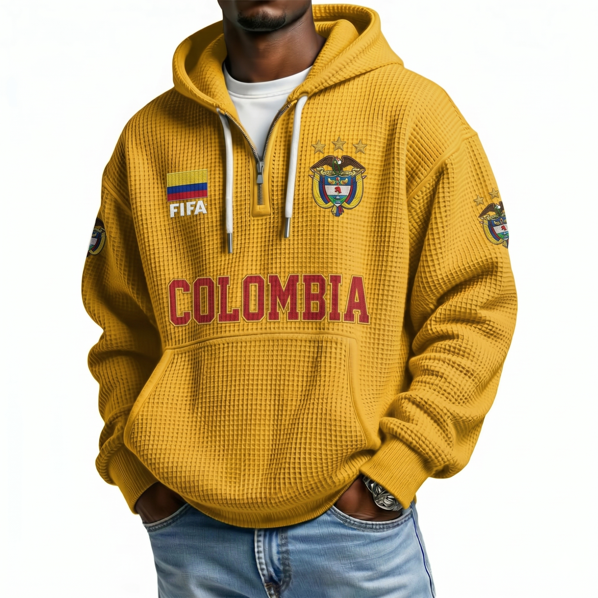FIFA 2026 Colombia Printed Waffle Quarter Zip Football Fan Hoodie