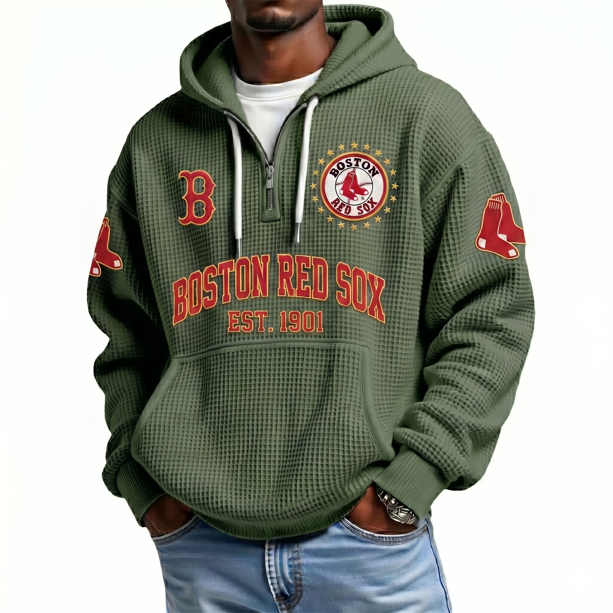 Boston Red Sox EST 1901 Printed Waffle Quarter Zip Baseball Fan Hoodie
