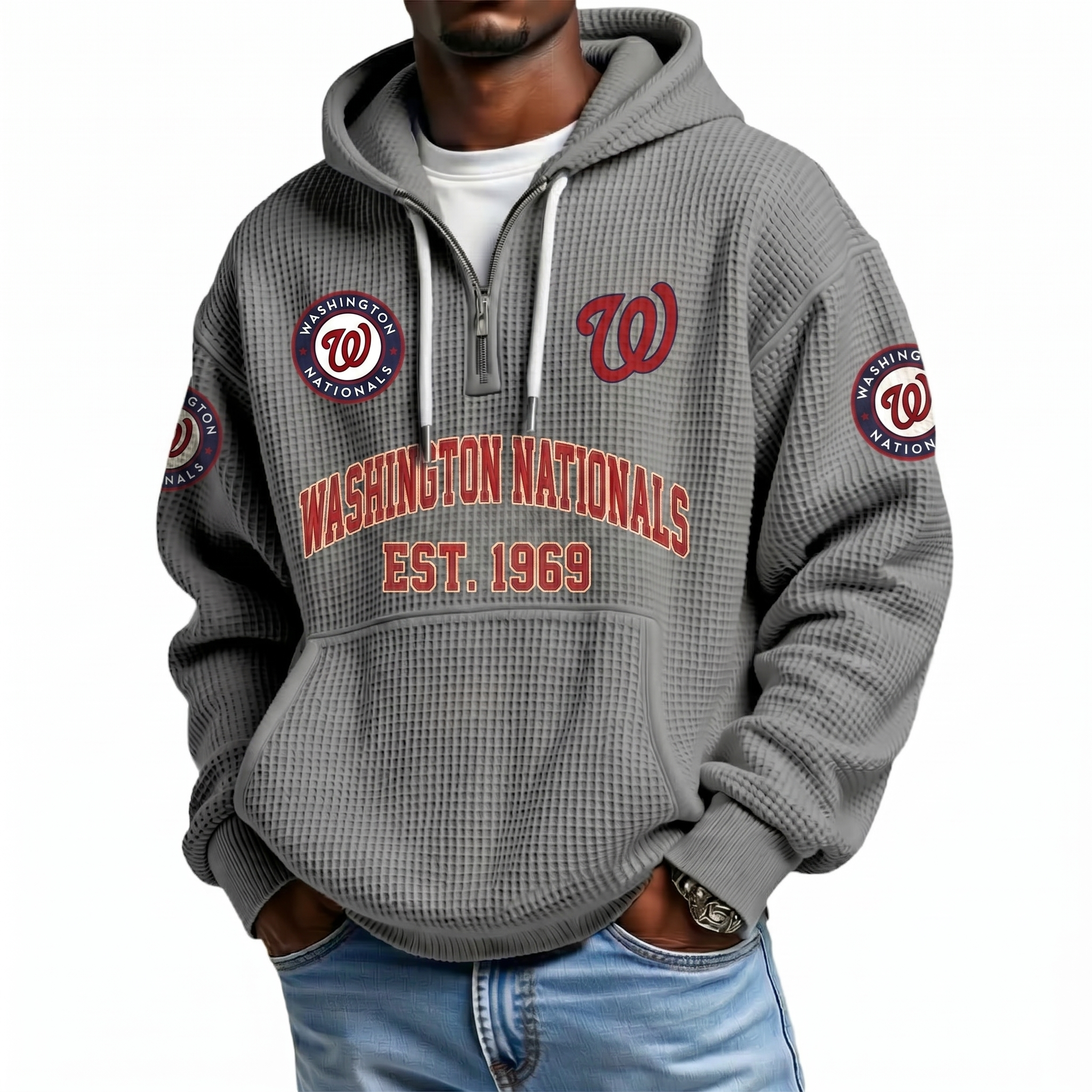 Washington Nationals EST 1969 Printed Waffle Quarter Zip Baseball Fan Hoodie