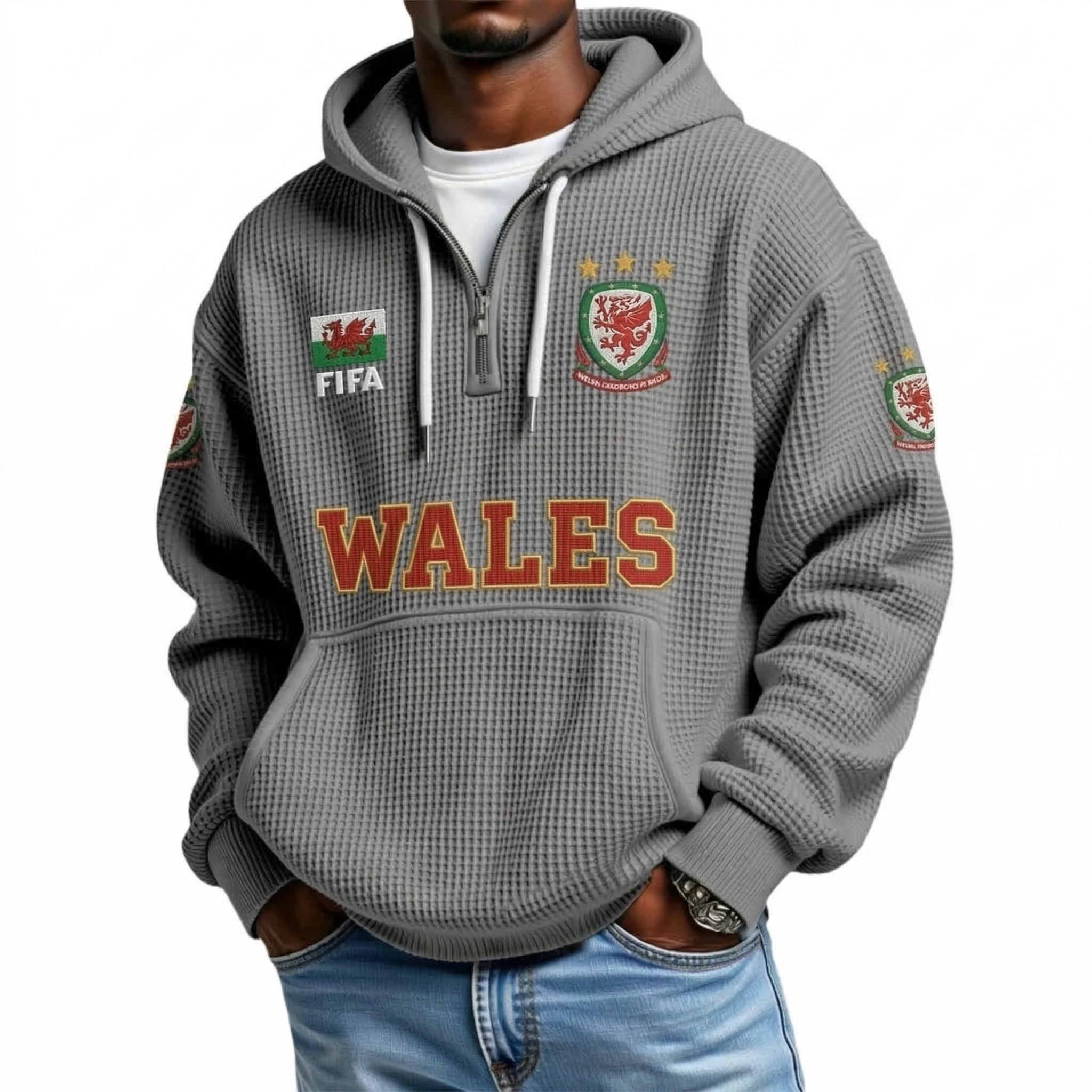 FIFA 2026 Wales Printed Waffle Quarter Zip Football Fan Hoodie