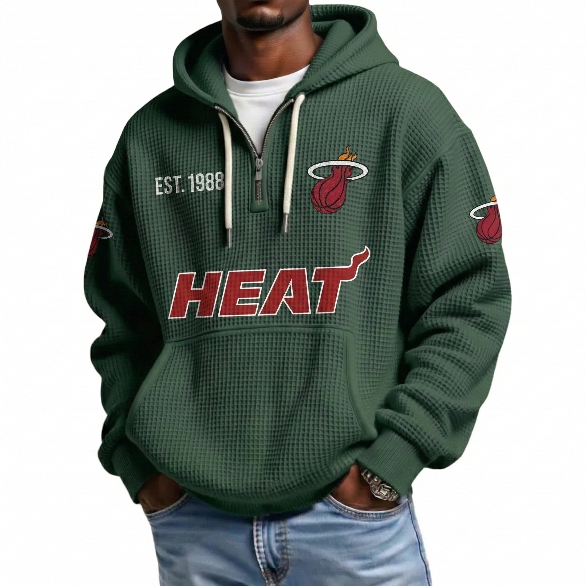 Miami Heat EST 1988 Printed Waffle Quarter Zip Basketball Fan Hoodie