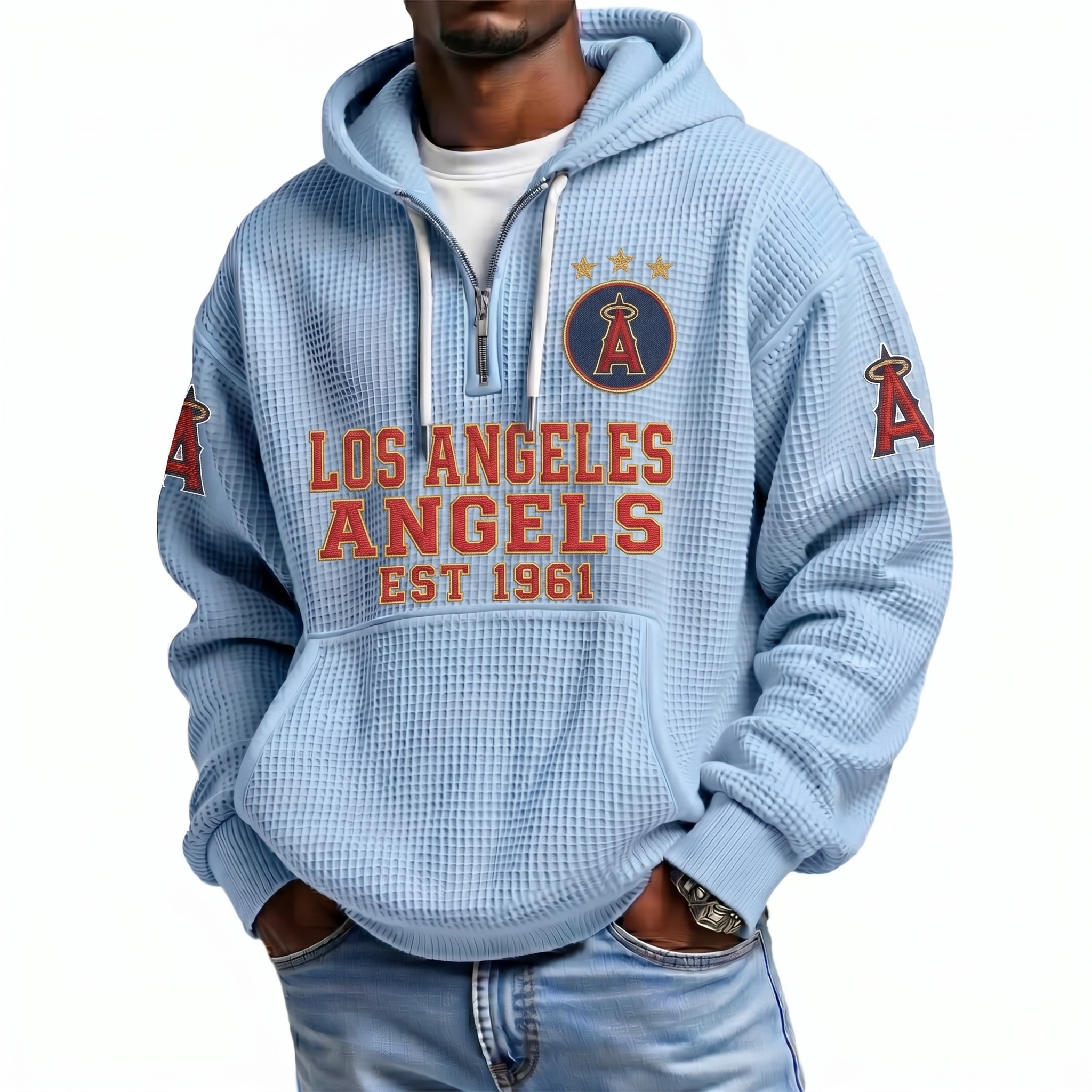 Los Angeles Angels EST 1961 Printed Waffle Quarter Zip Baseball Fan Hoodie