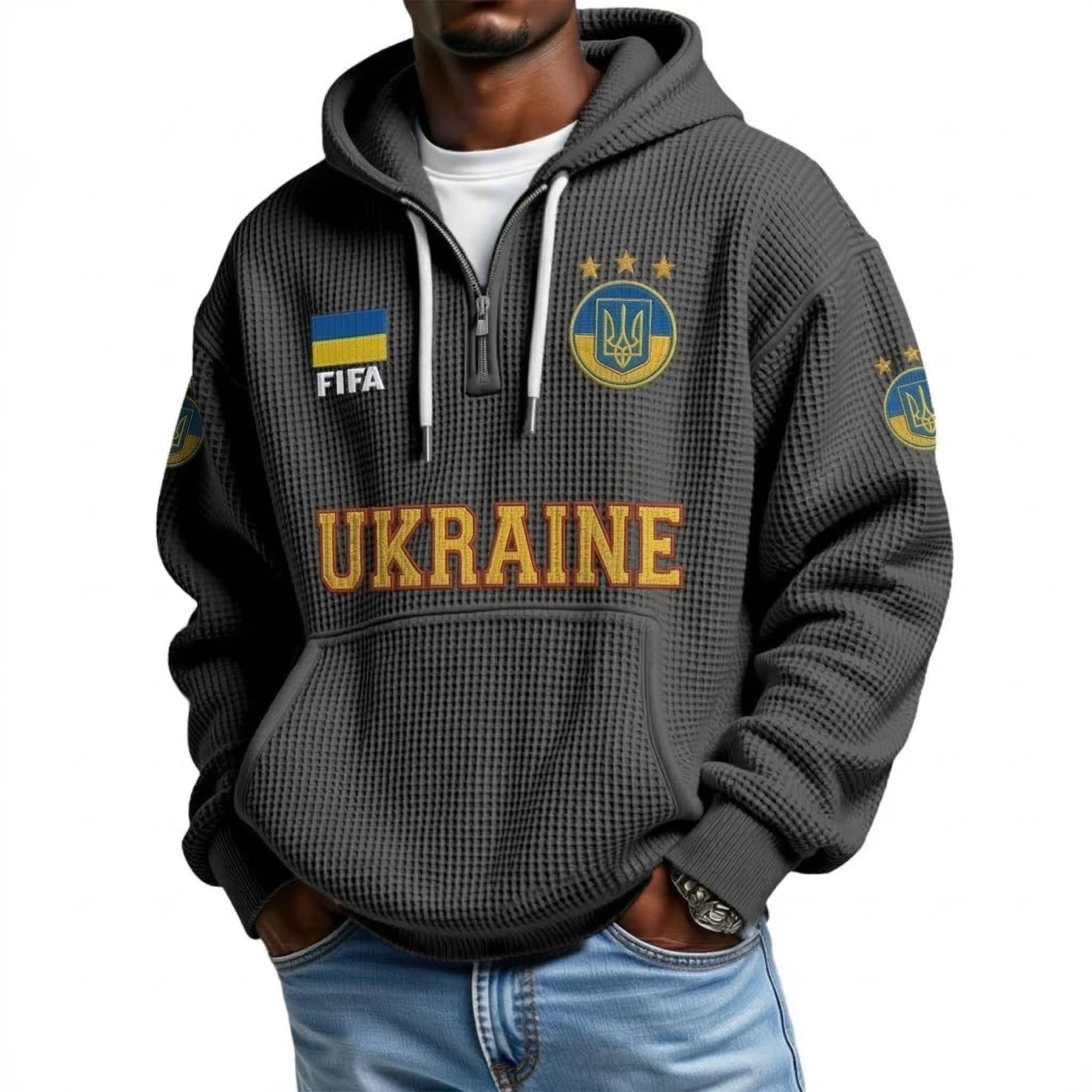 FIFA 2026 Ukraine Printed Waffle Quarter Zip Football Fan Hoodie