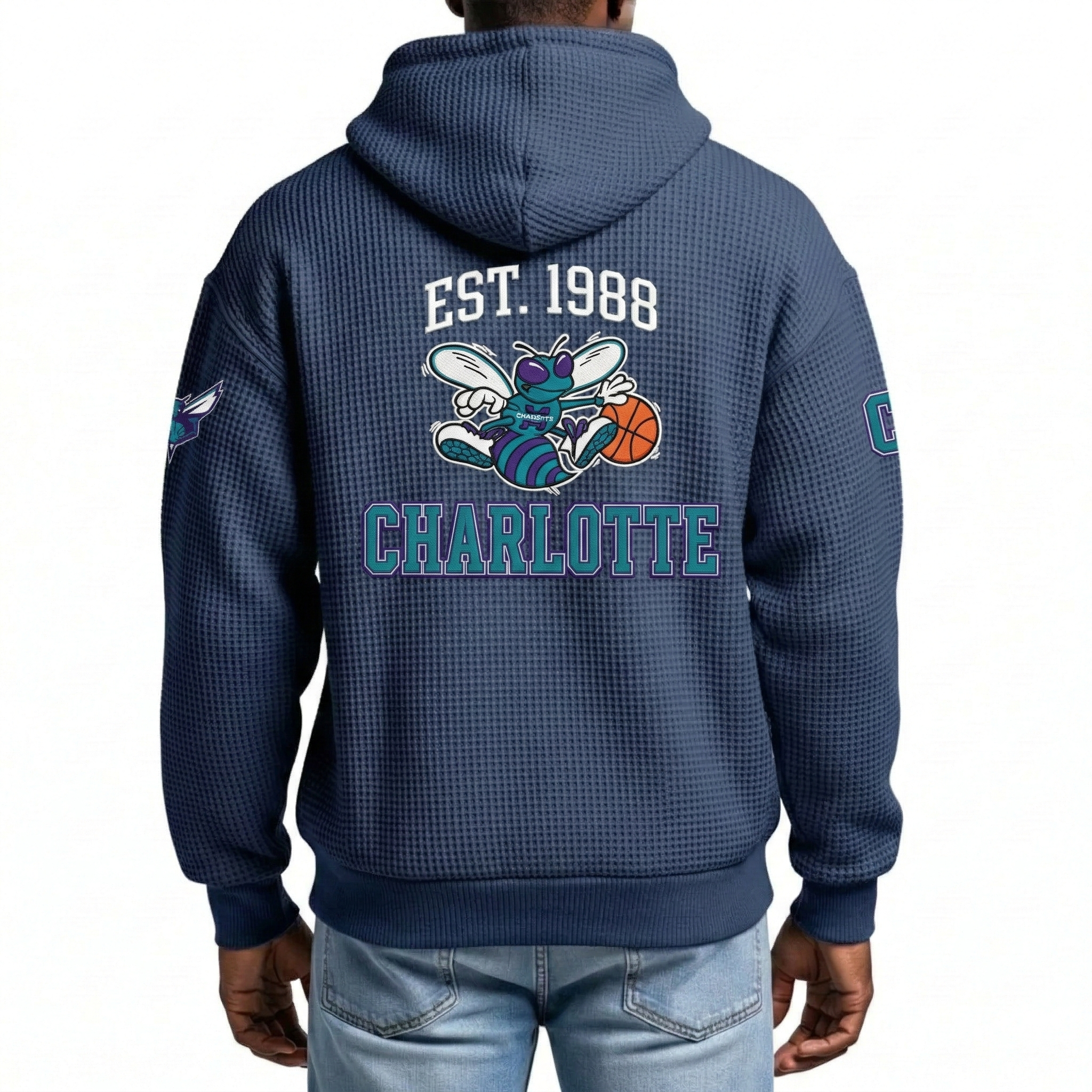 Charlotte Hornets EST 1988 Printed Waffle Quarter Zip Basketball Fan Hoodie
