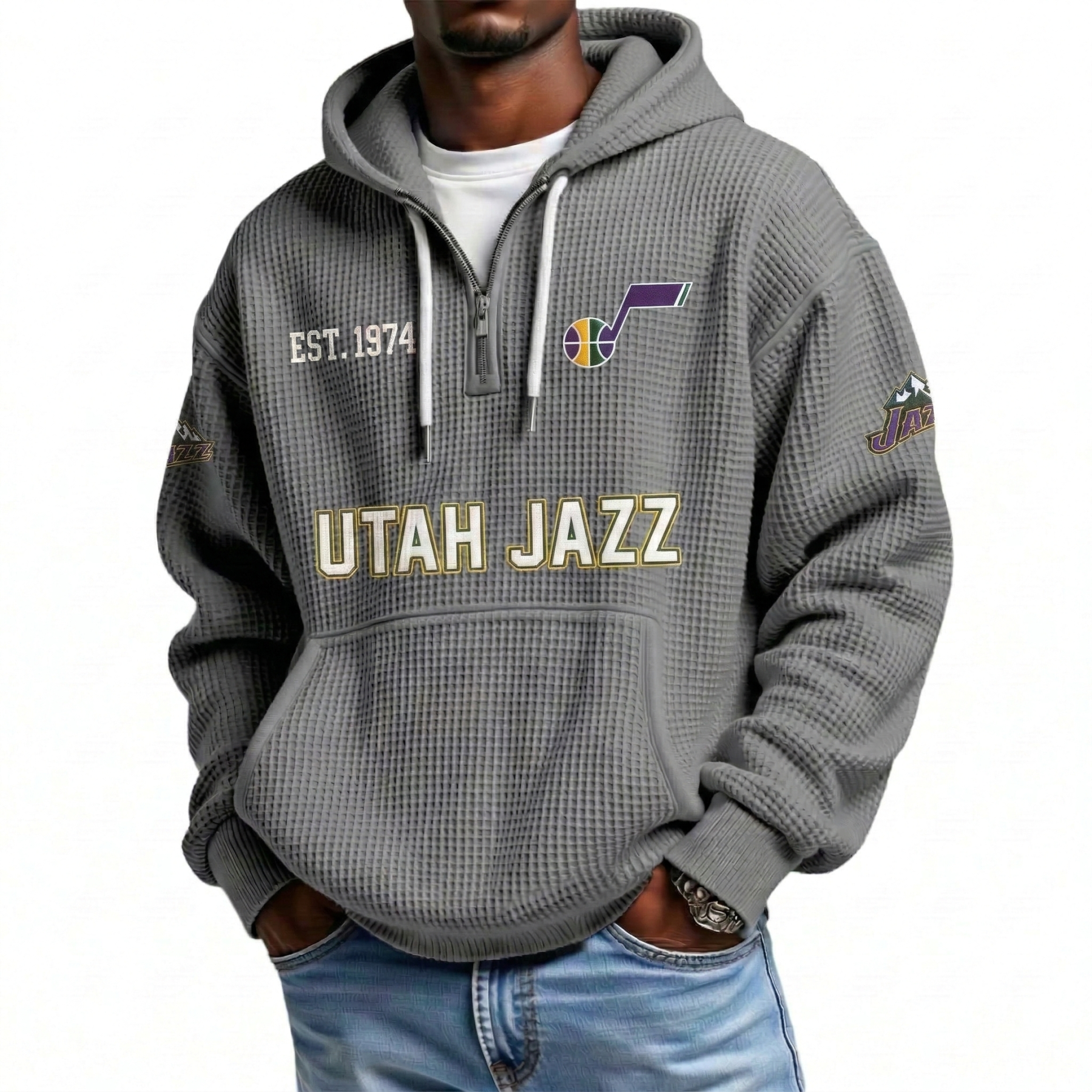Utah Jazz EST 1974 Printed Waffle Quarter Zip Basketball Fan Hoodie