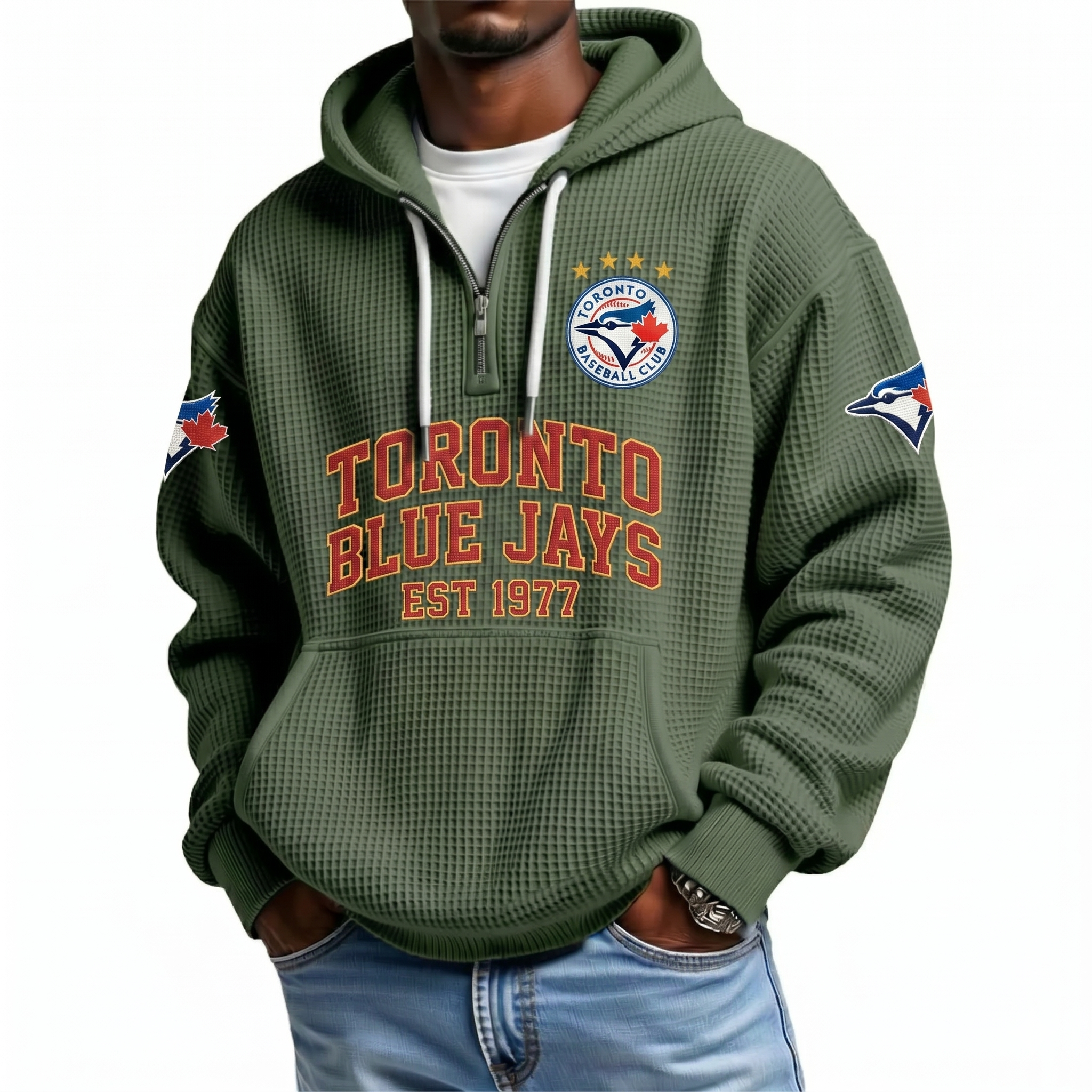 Toronto Blue Jays EST 1977 Printed Waffle Quarter Zip Baseball Fan Hoodie