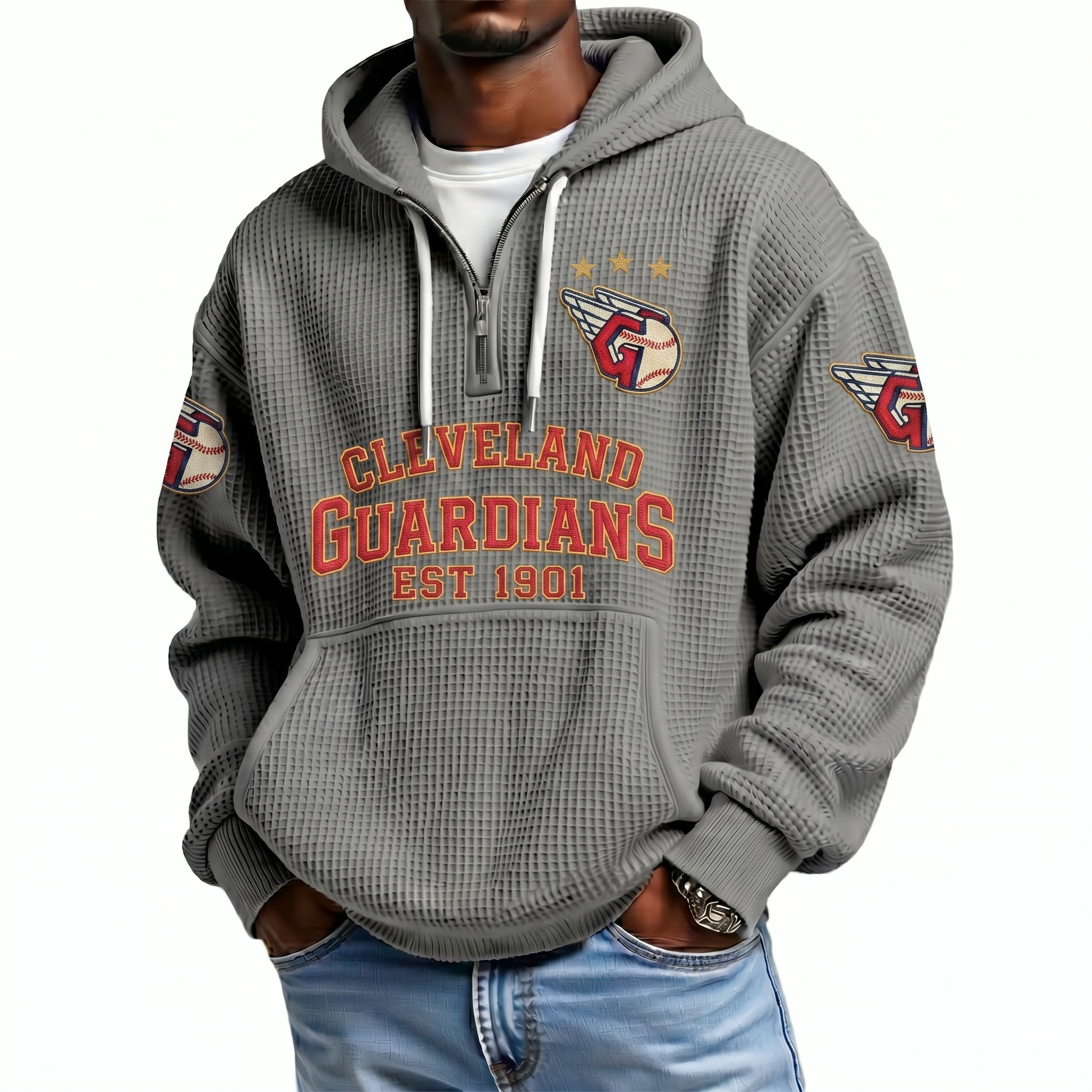 Cleveland Guardians EST 1901 Printed Waffle Quarter Zip Baseball Fan Hoodie