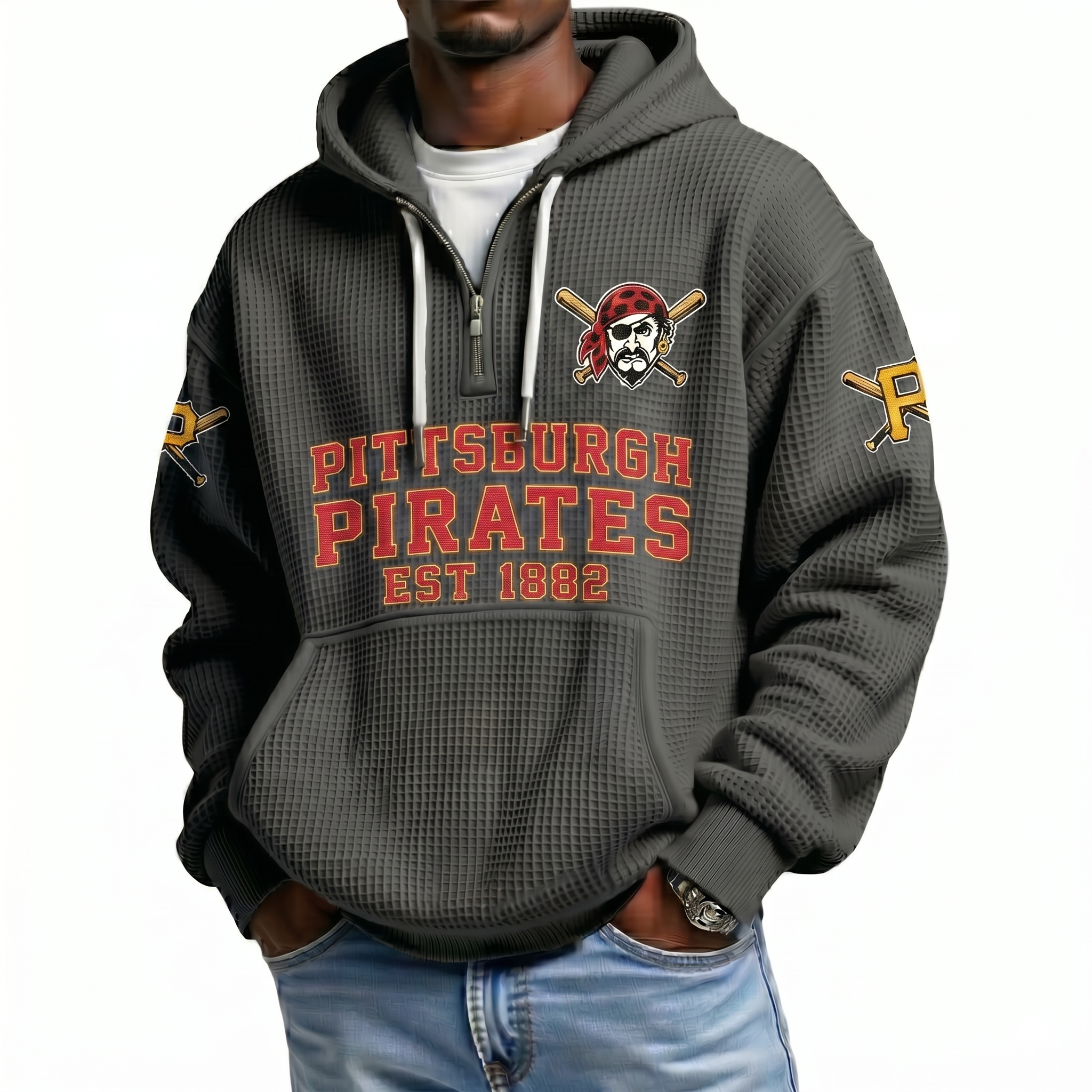 Pittsburgh Pirates EST 1882 Printed Waffle Quarter Zip Baseball Fan Hoodie