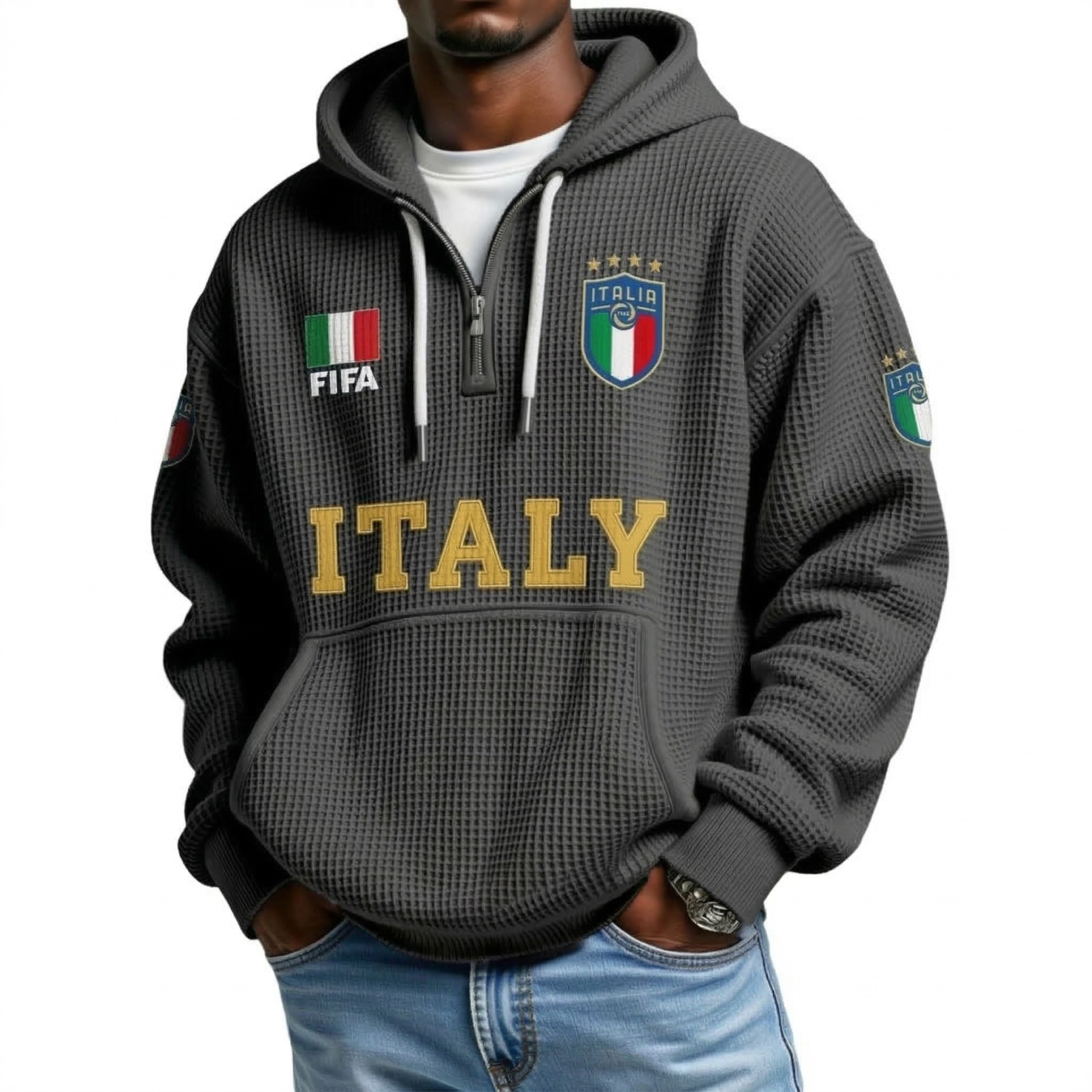 FIFA 2026 Italy Printed Waffle Quarter Zip Football Fan Hoodie