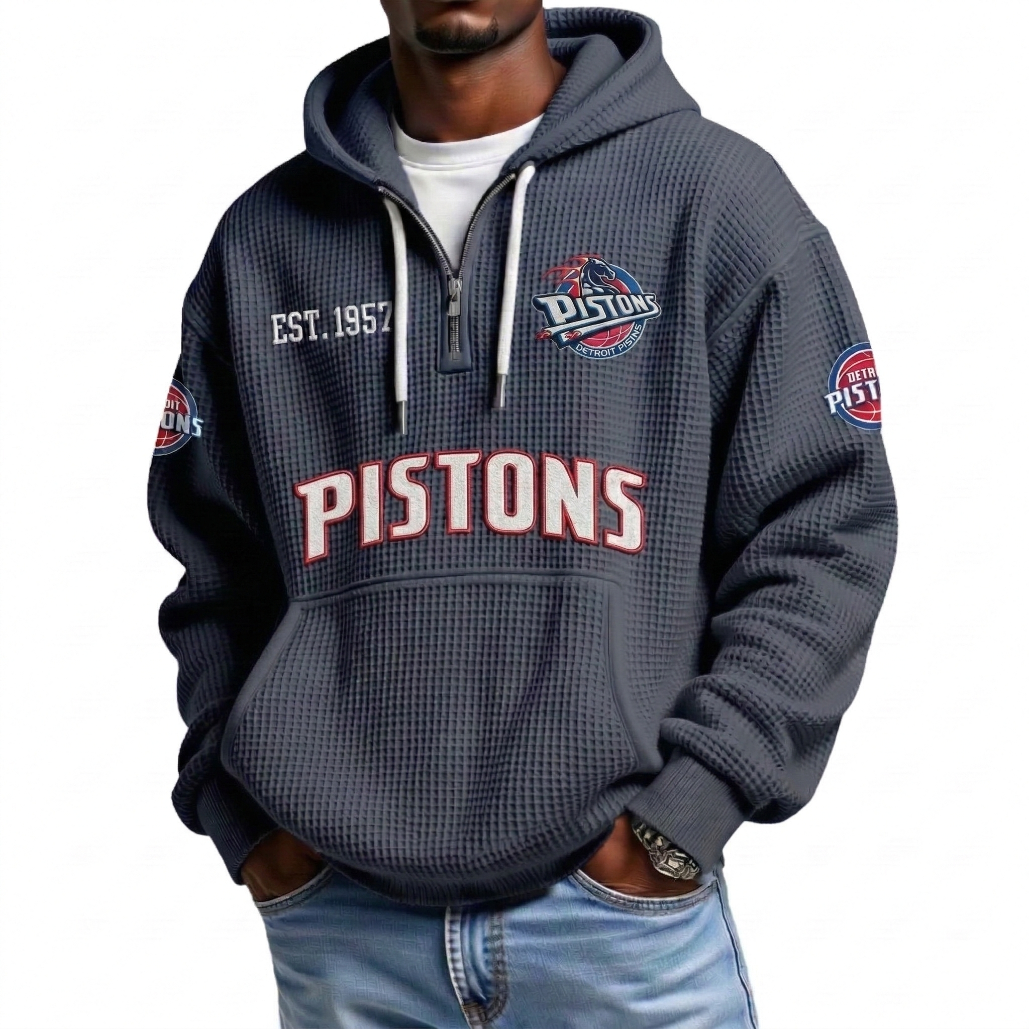 Detroit Pistons EST 1957 Printed Waffle Quarter Zip Basketball Fan Hoodie