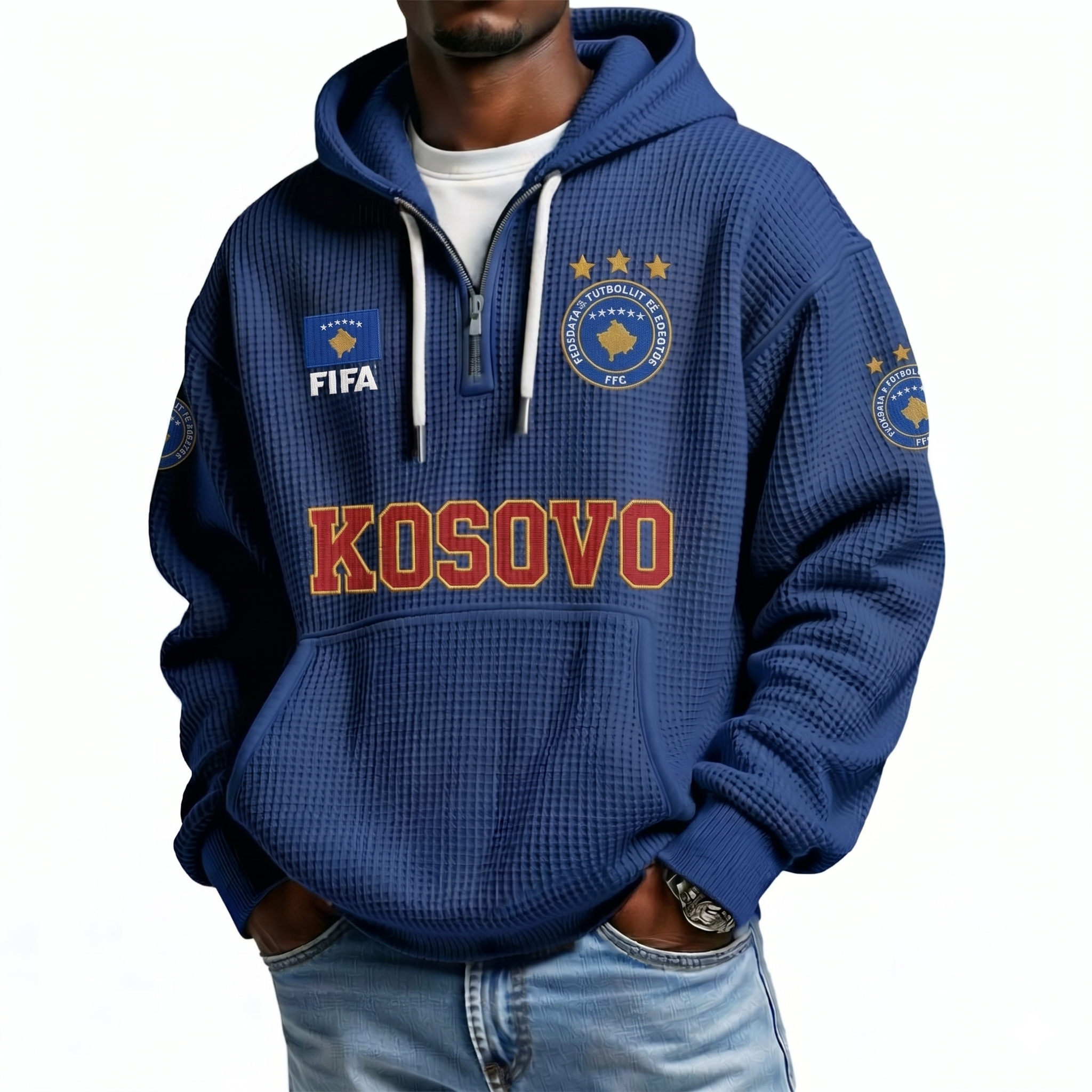 FIFA 2026 Kosovo Printed Waffle Quarter Zip Football Fan Hoodie