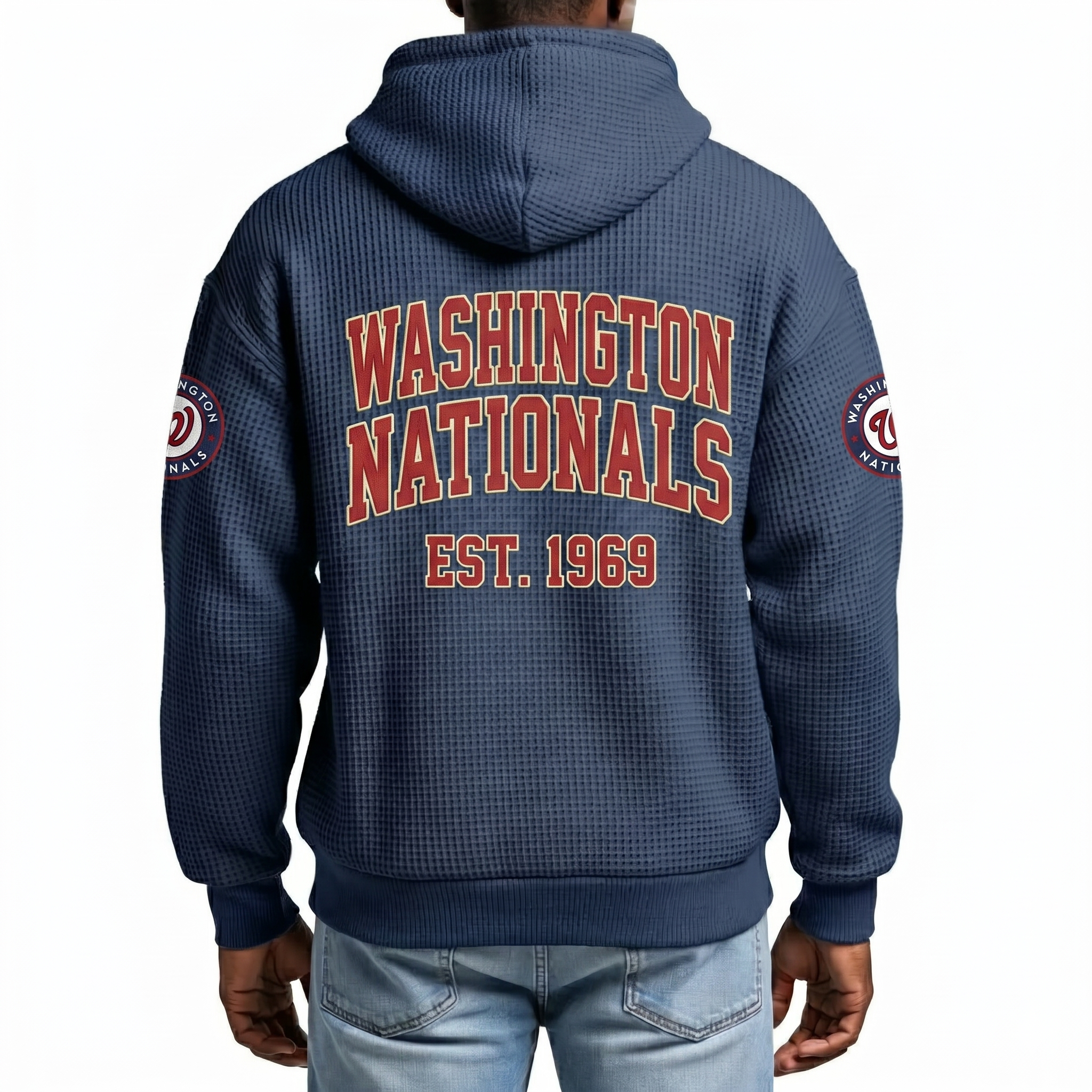 Washington Nationals EST 1969 Printed Waffle Quarter Zip Baseball Fan Hoodie