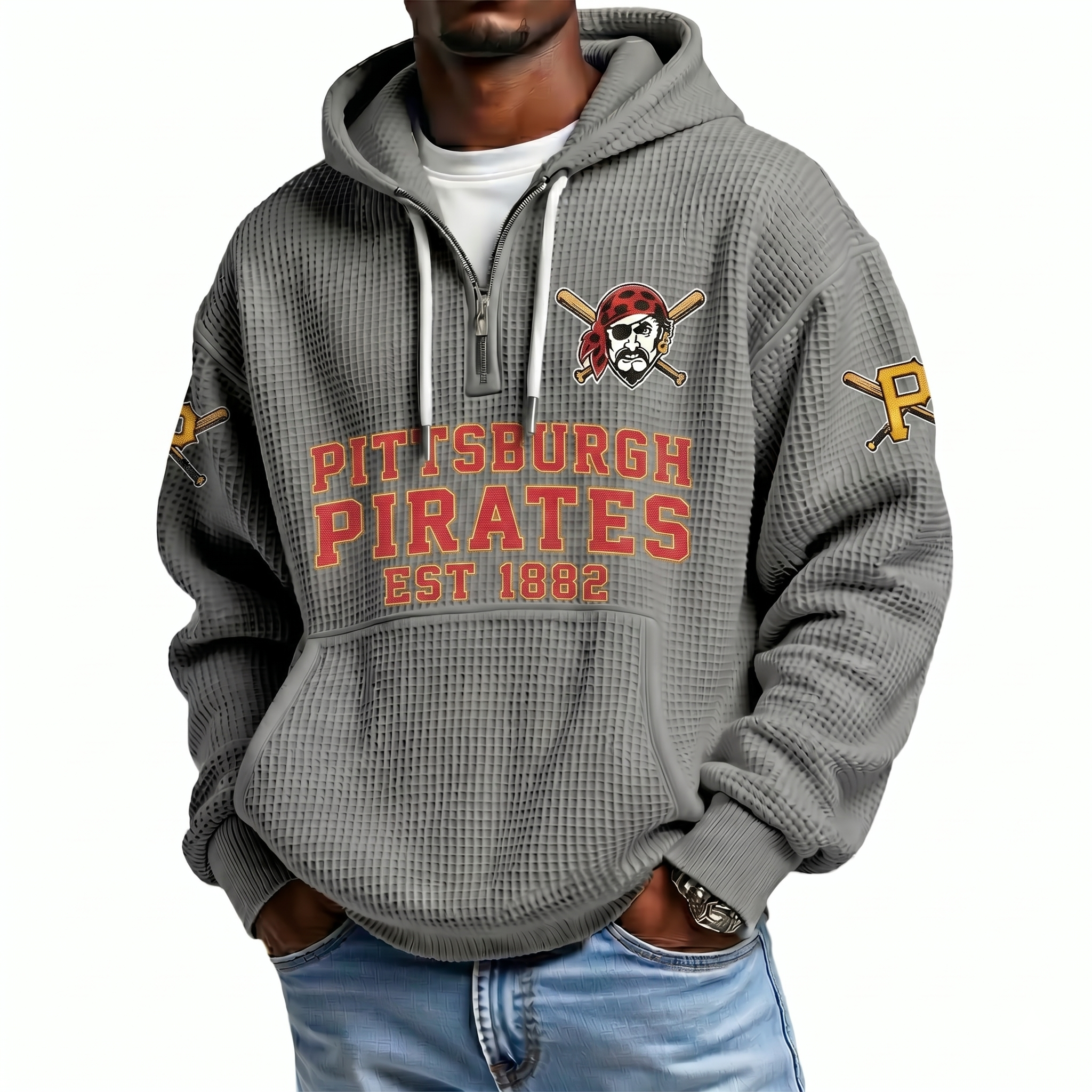 Pittsburgh Pirates EST 1882 Printed Waffle Quarter Zip Baseball Fan Hoodie