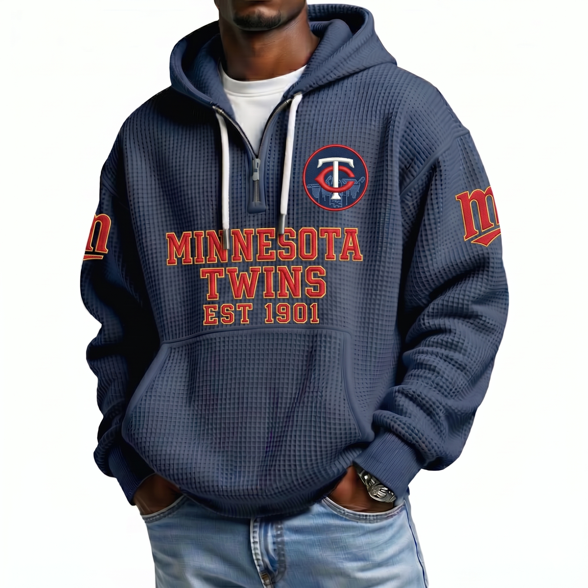 Minnesota Twins EST 1901 Printed Waffle Quarter Zip Baseball Fan Hoodie