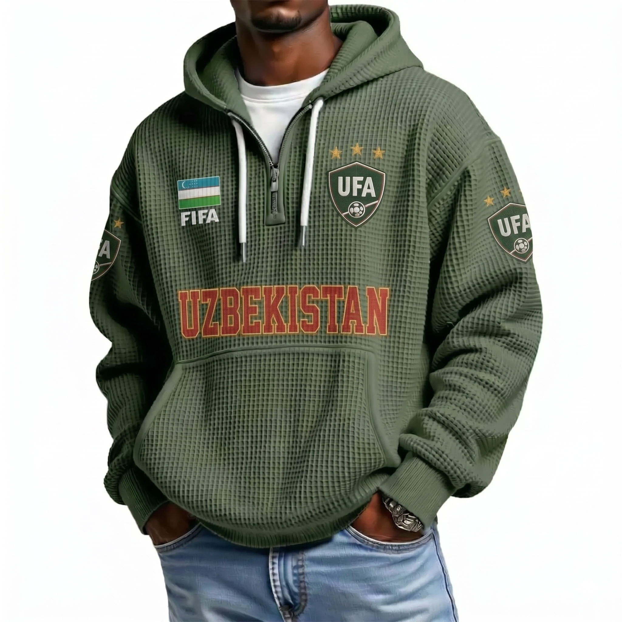 FIFA 2026 Uzbekistan Printed Waffle Quarter Zip Football Fan Hoodie