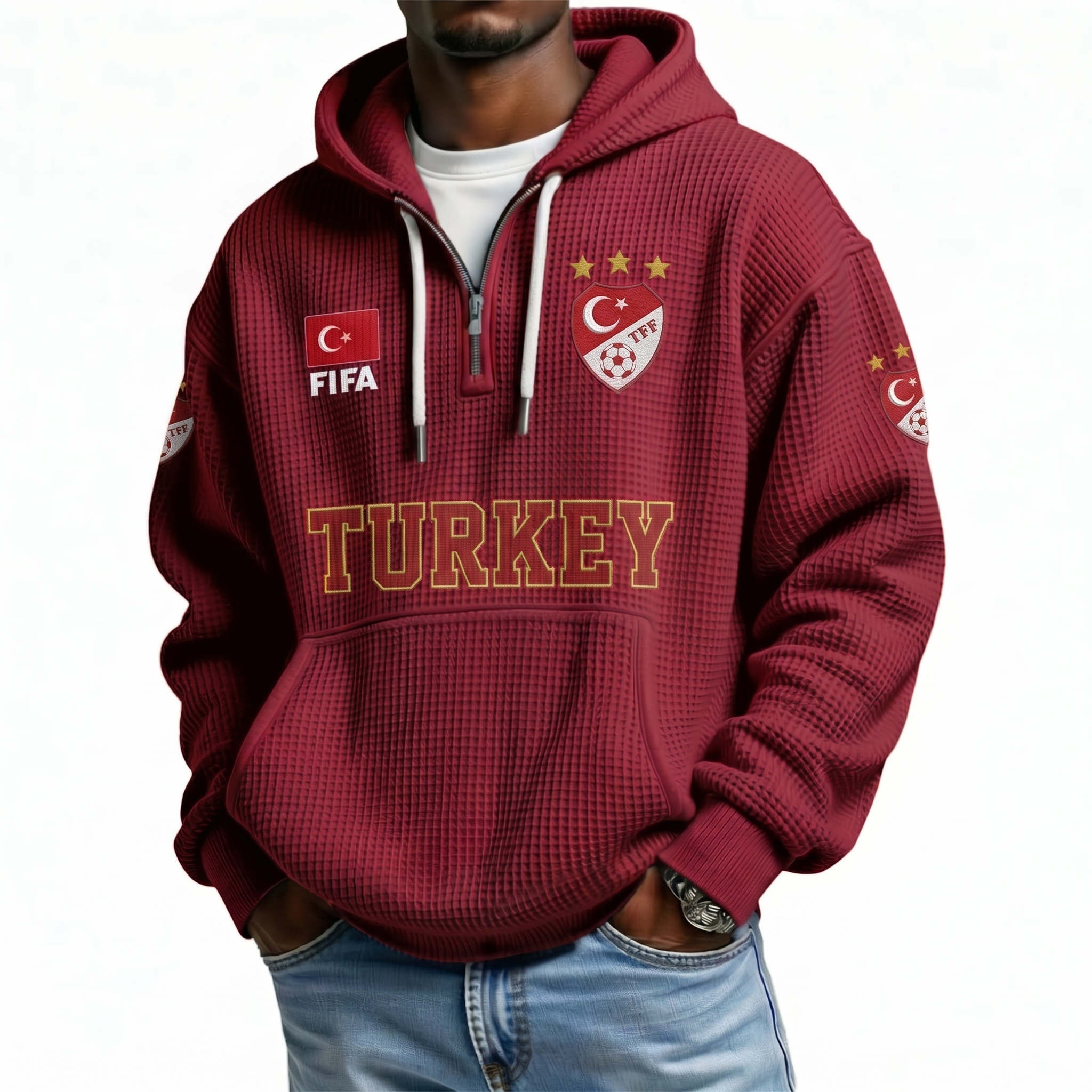 FIFA 2026 Turkey Printed Waffle Quarter Zip Football Fan Hoodie