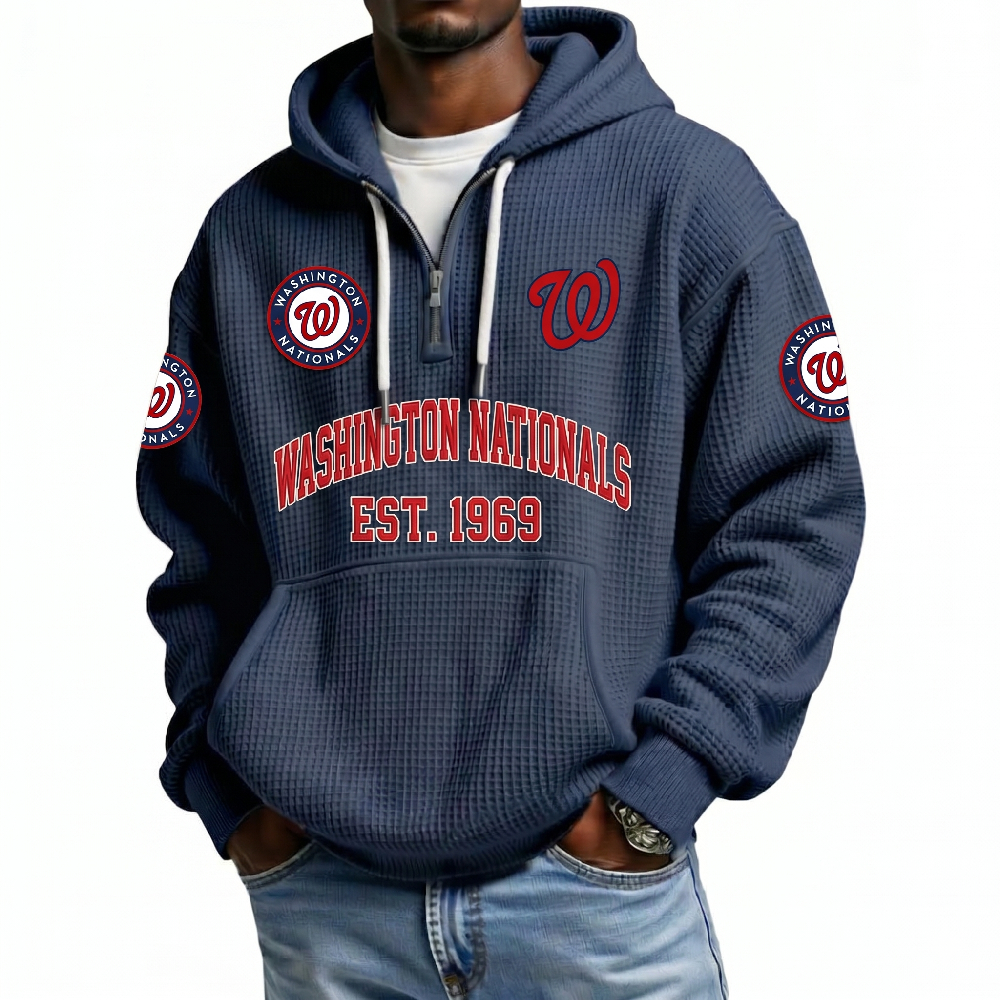 Washington Nationals EST 1969 Printed Waffle Quarter Zip Baseball Fan Hoodie