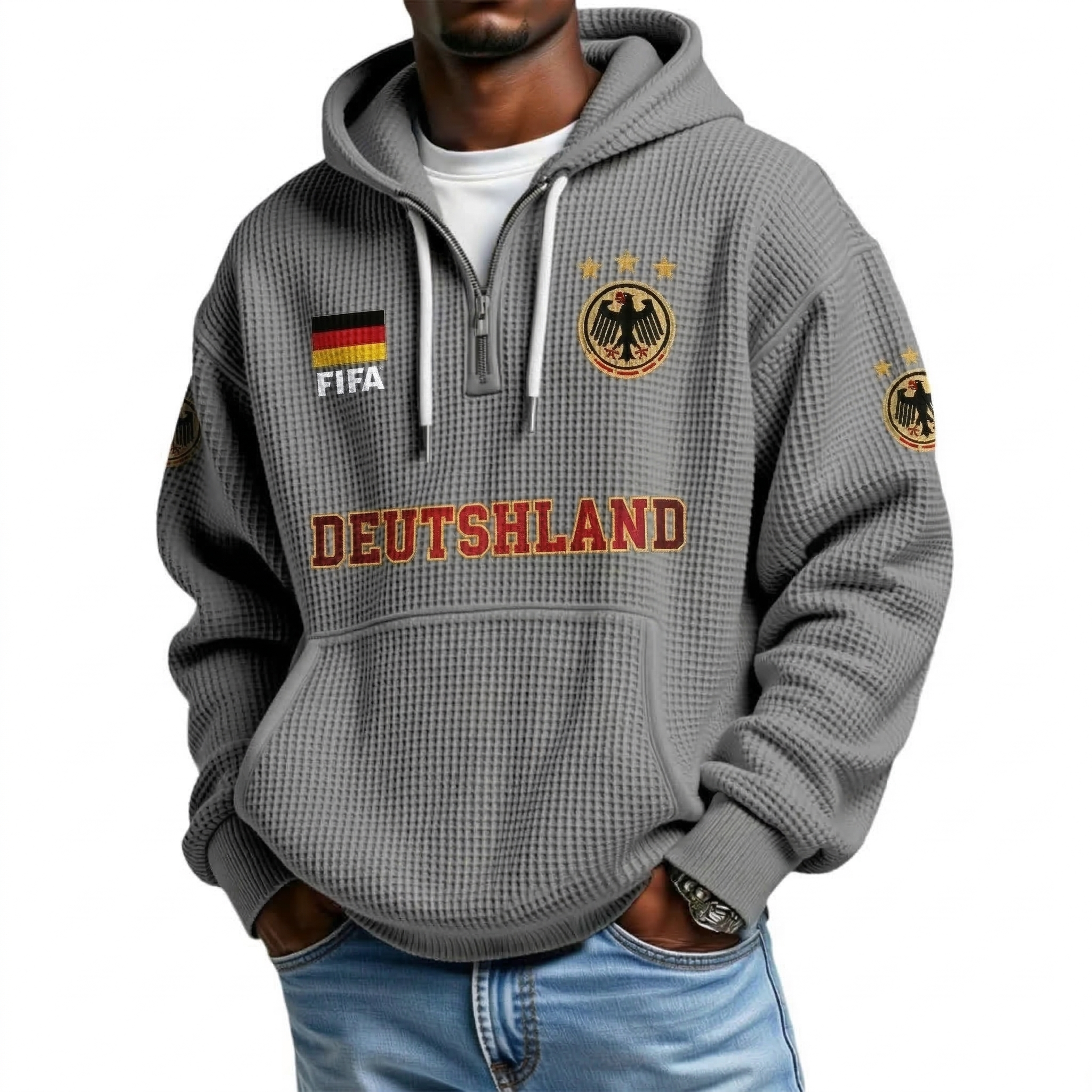 FIFA 2026 Germany Printed Waffle Quarter Zip Football Fan Hoodie