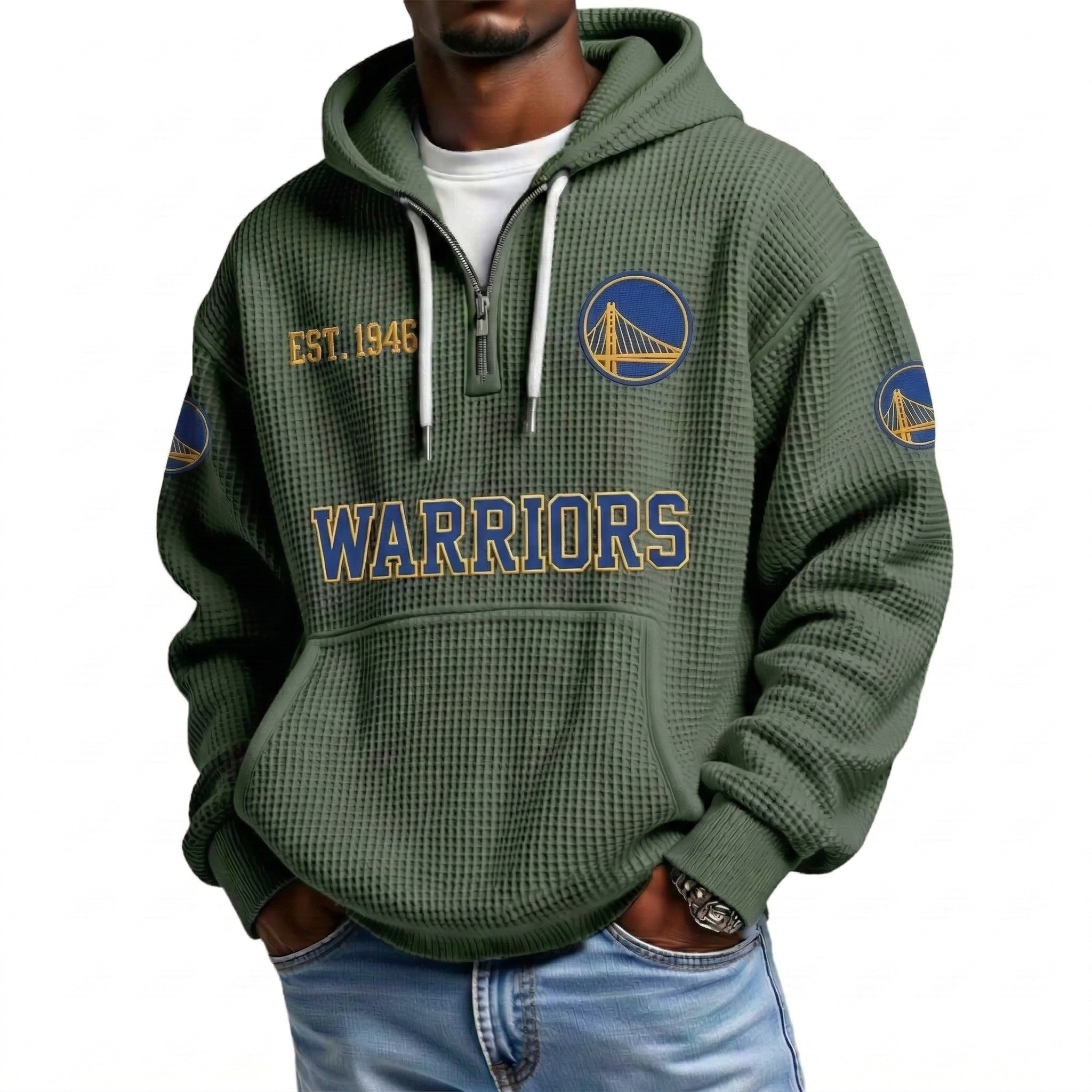 Golden State Warriors EST 1946 Printed Waffle Quarter Zip Basketball Fan Hoodie