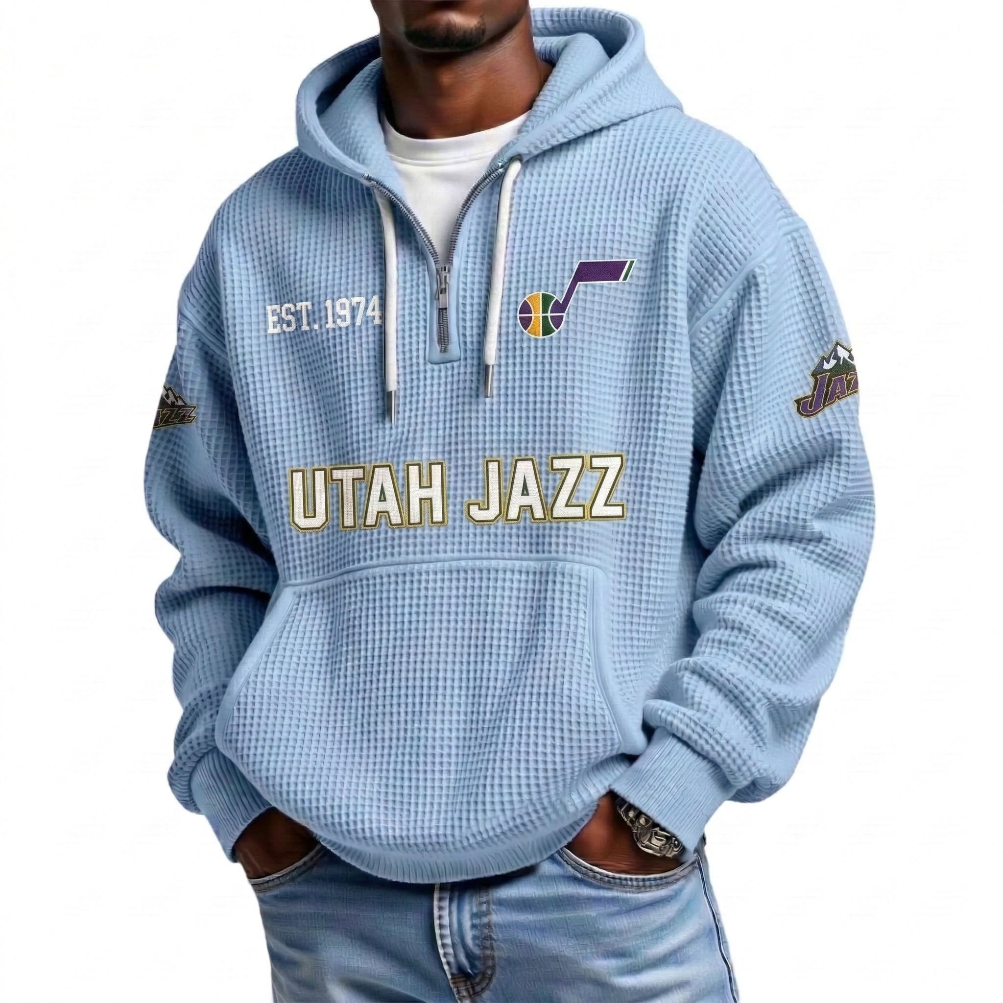 Utah Jazz EST 1974 Printed Waffle Quarter Zip Basketball Fan Hoodie