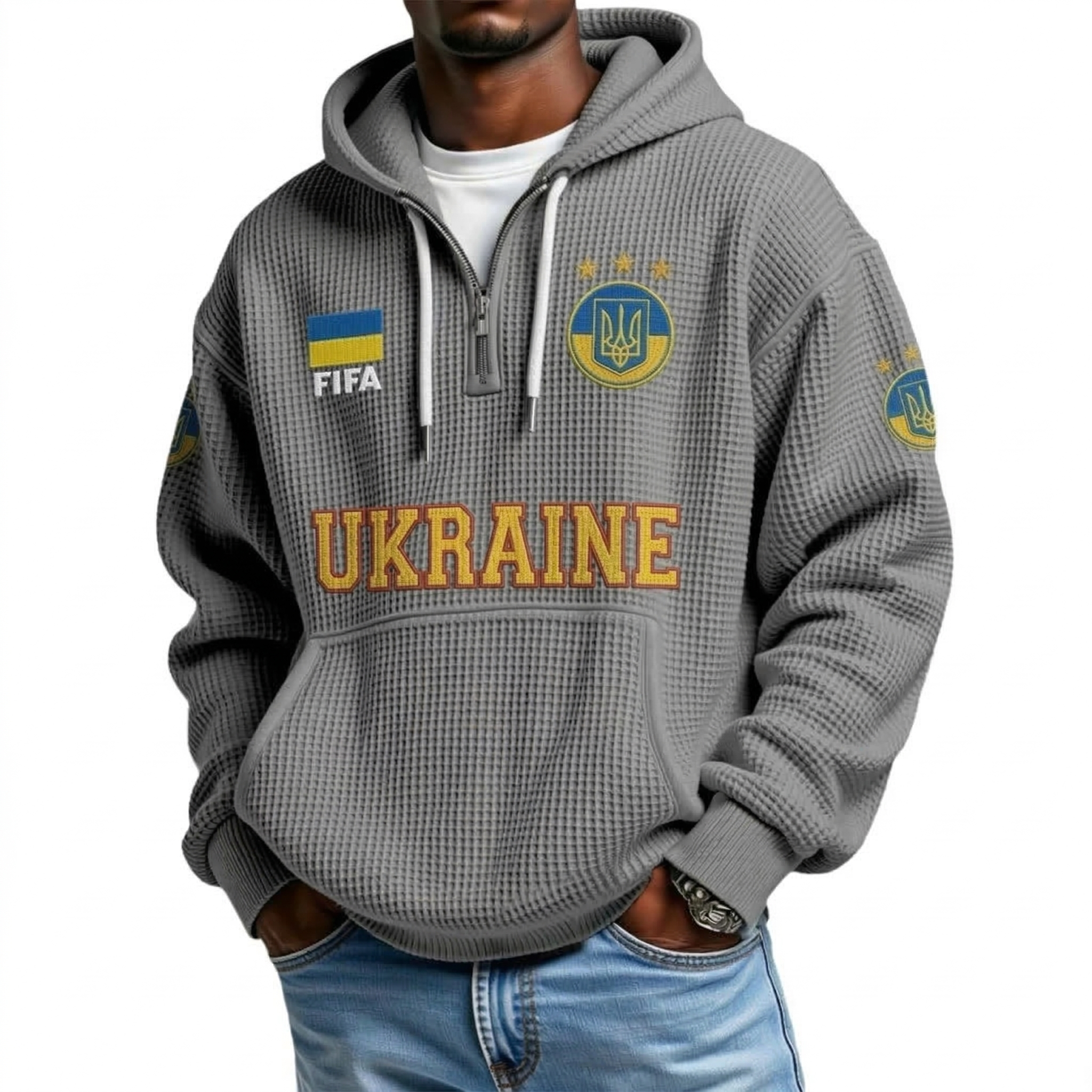 FIFA 2026 Ukraine Printed Waffle Quarter Zip Football Fan Hoodie