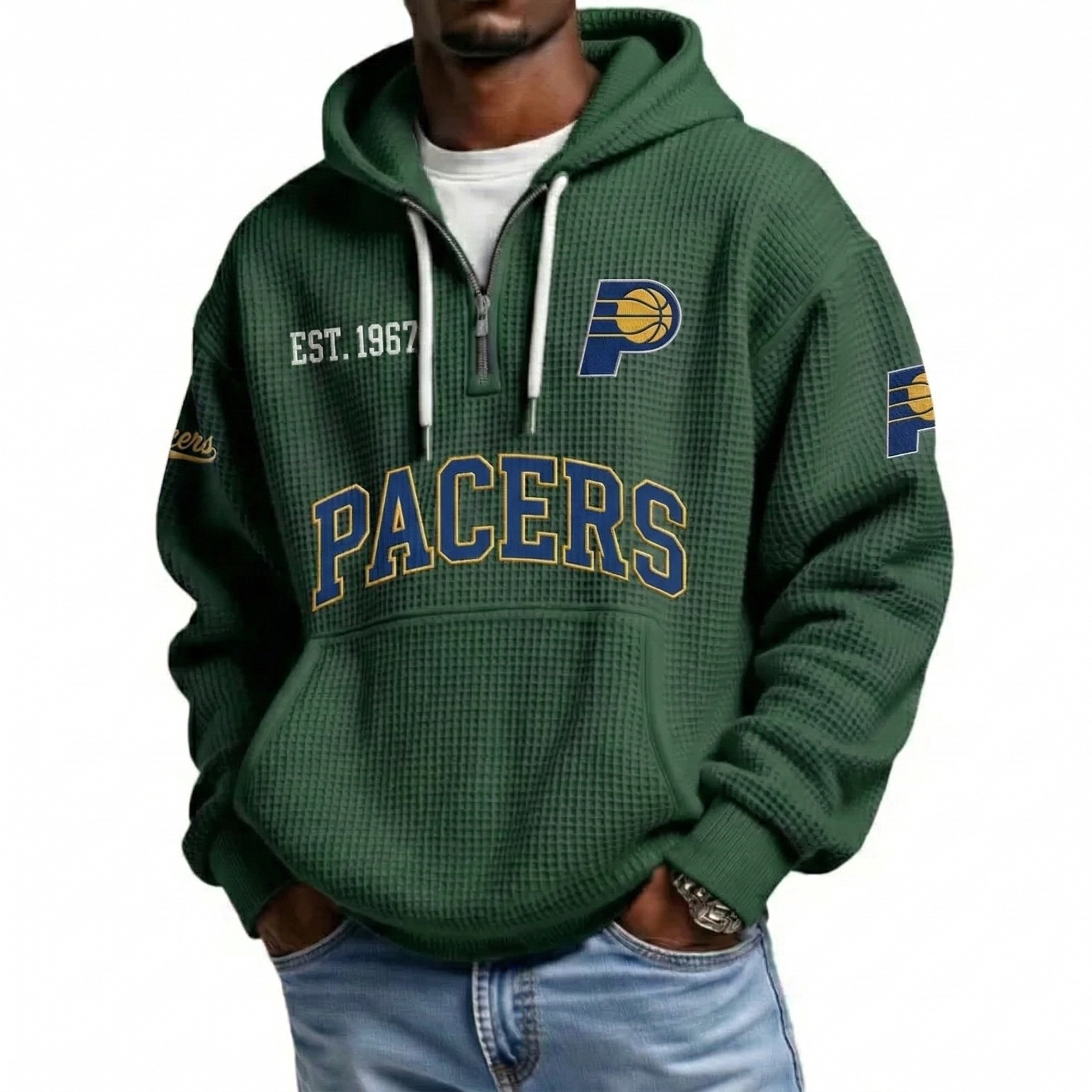 Indiana Pacers EST 1967 Printed Waffle Quarter Zip Basketball Fan Hoodie