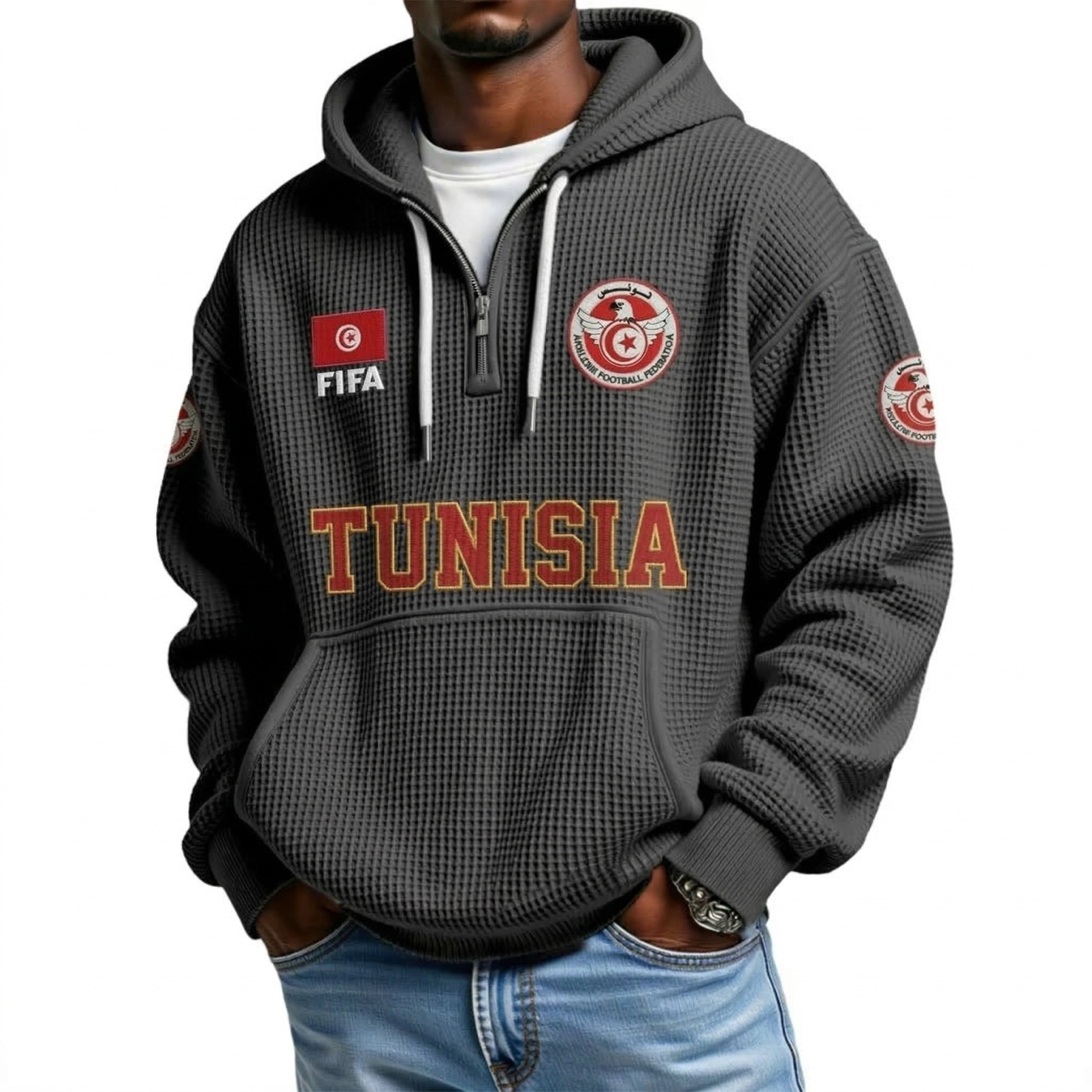 FIFA 2026 Tunisia Printed Waffle Quarter Zip Football Fan Hoodie