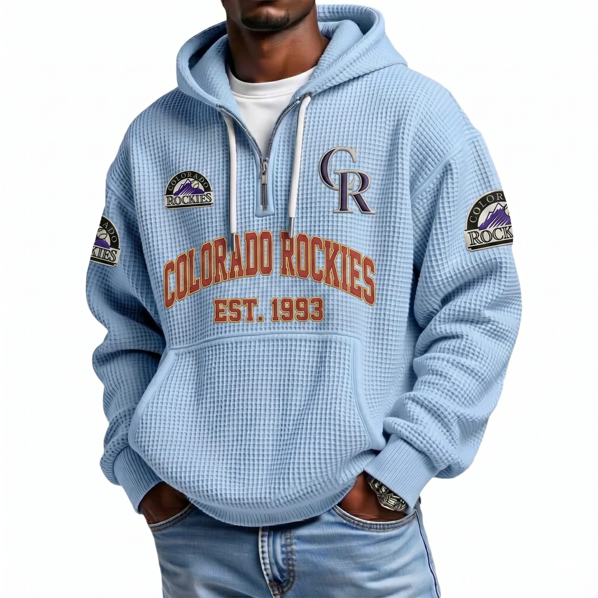 Colorado Rockies EST 1993 Printed Waffle Quarter Zip Baseball Fan Hoodie