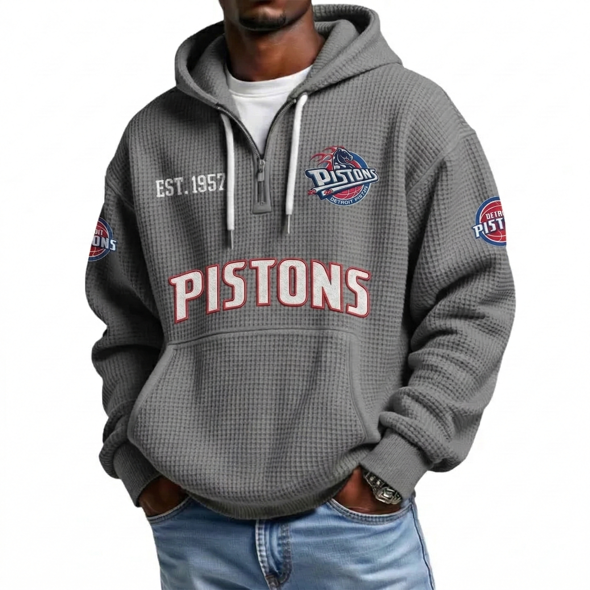 Detroit Pistons EST 1957 Printed Waffle Quarter Zip Basketball Fan Hoodie