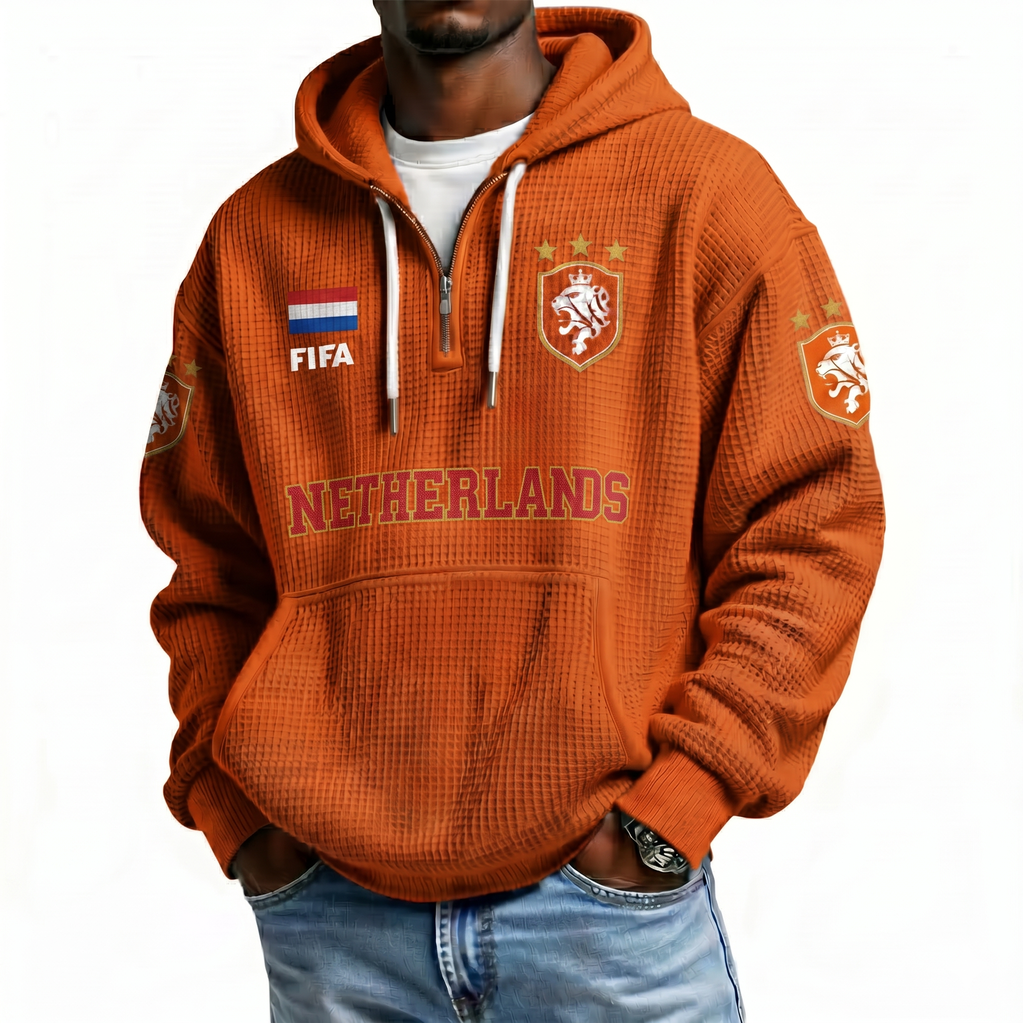 FIFA 2026 Netherlands Printed Waffle Quarter Zip Football Fan Hoodie