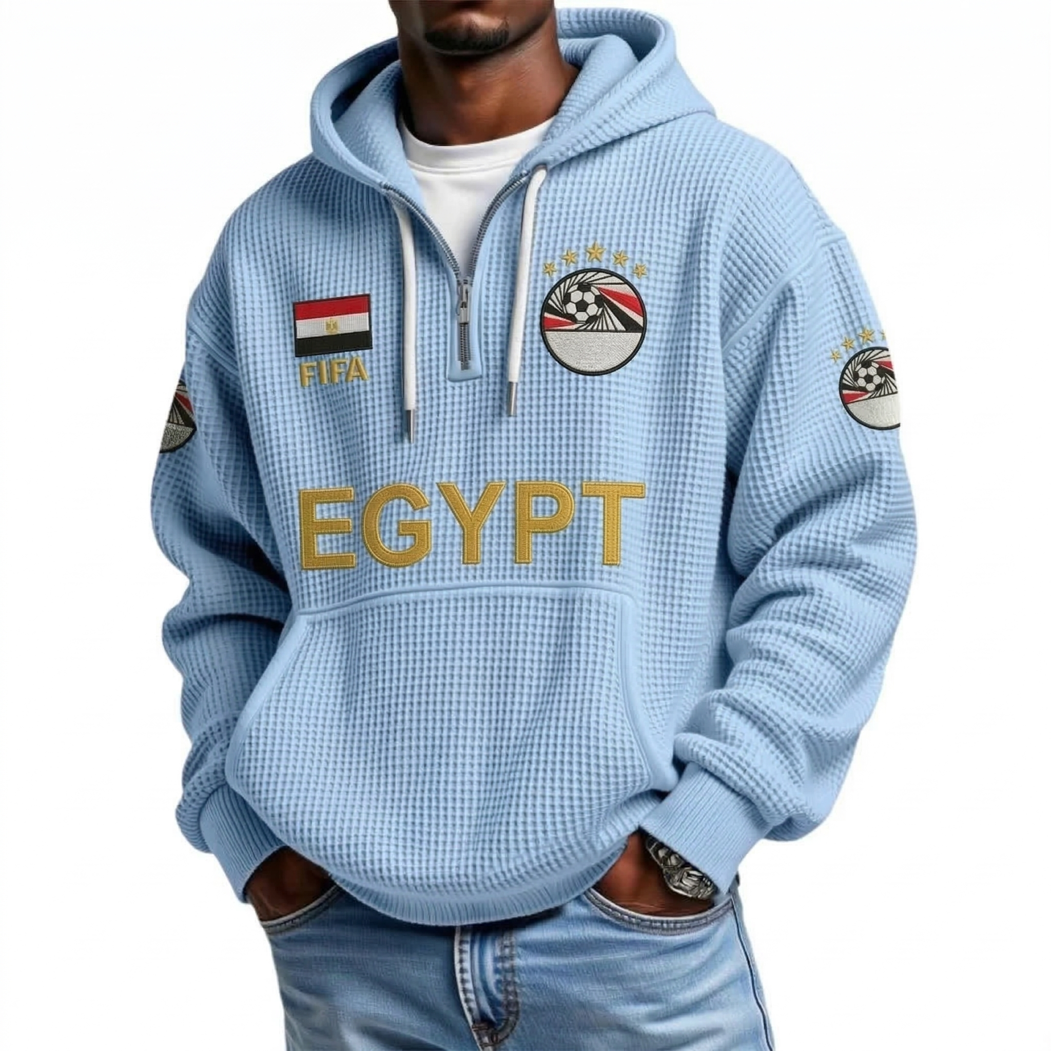 FIFA 2026 Egypt Printed Waffle Quarter Zip Football Fan Hoodie