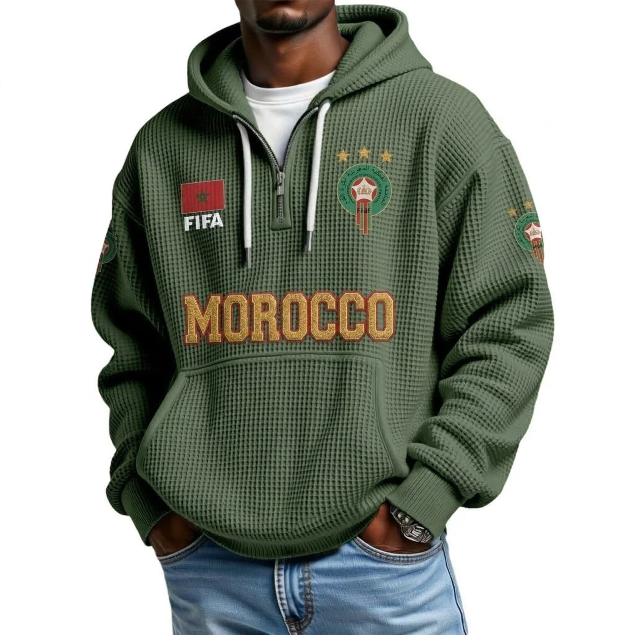 FIFA 2026 Morocco Printed Waffle Quarter Zip Football Fan Hoodie