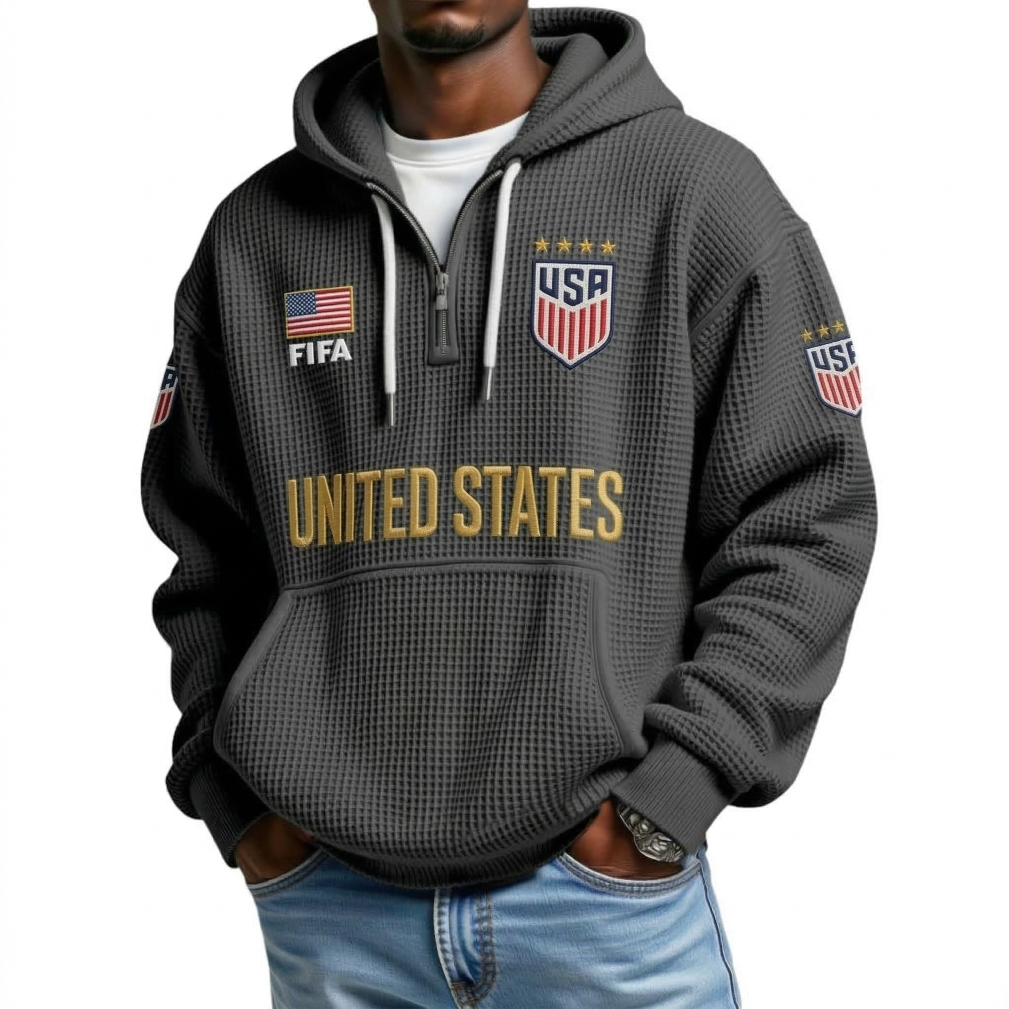 FIFA 2026 United States Printed Waffle Quarter Zip Football Fan Hoodie