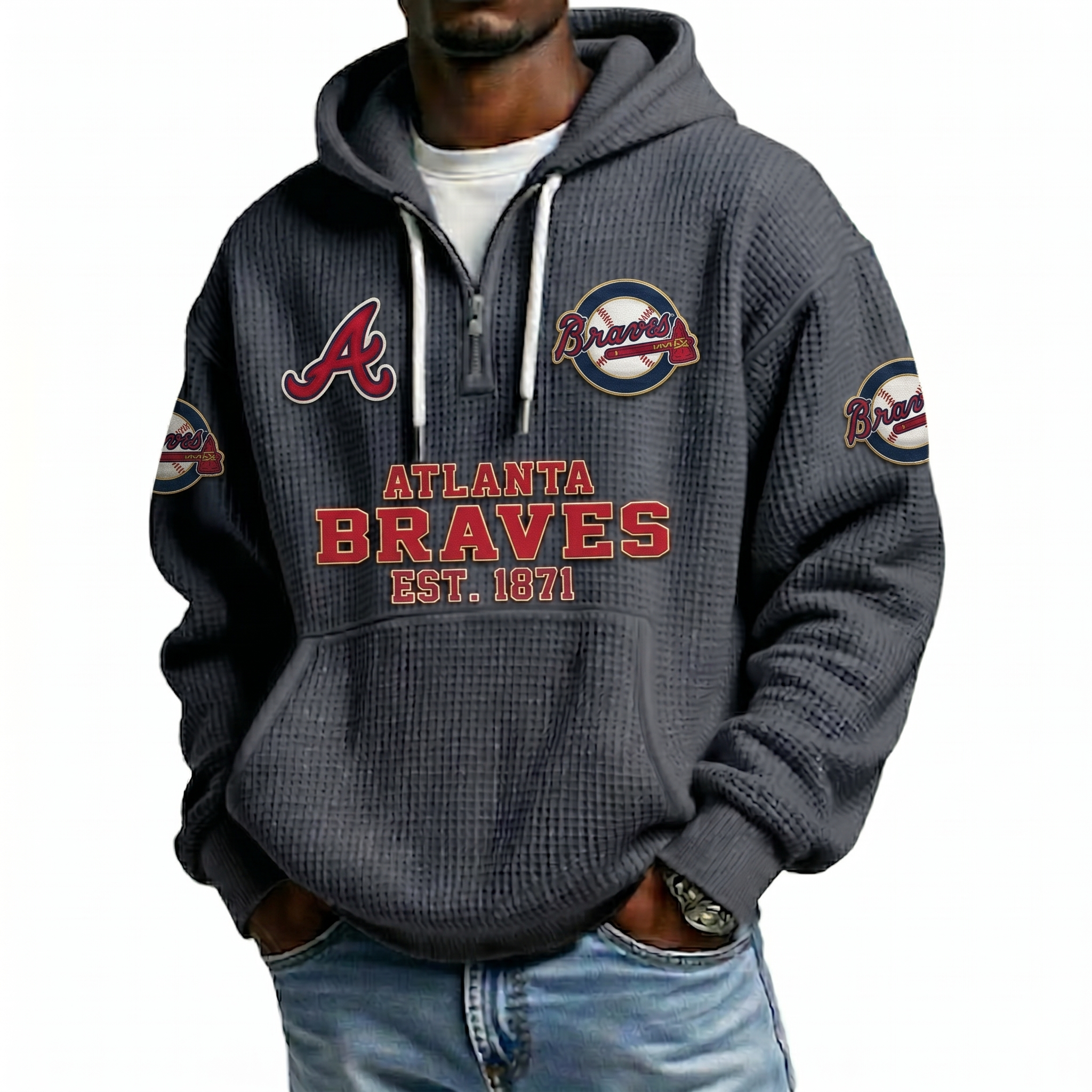 Atlanta Braves EST 1871 Printed Waffle Quarter Zip Baseball Fan Hoodie