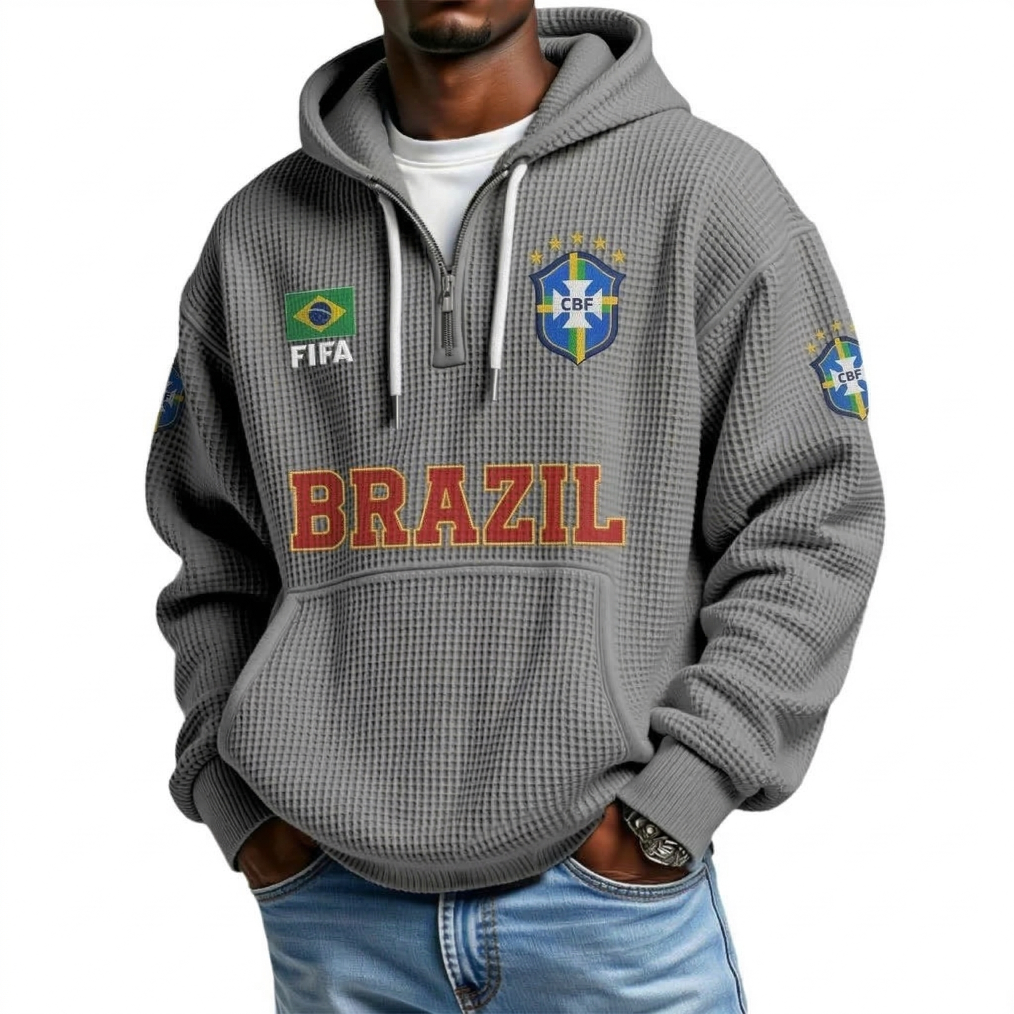 FIFA 2026 Brazil Printed Waffle Quarter Zip Football Fan Hoodie