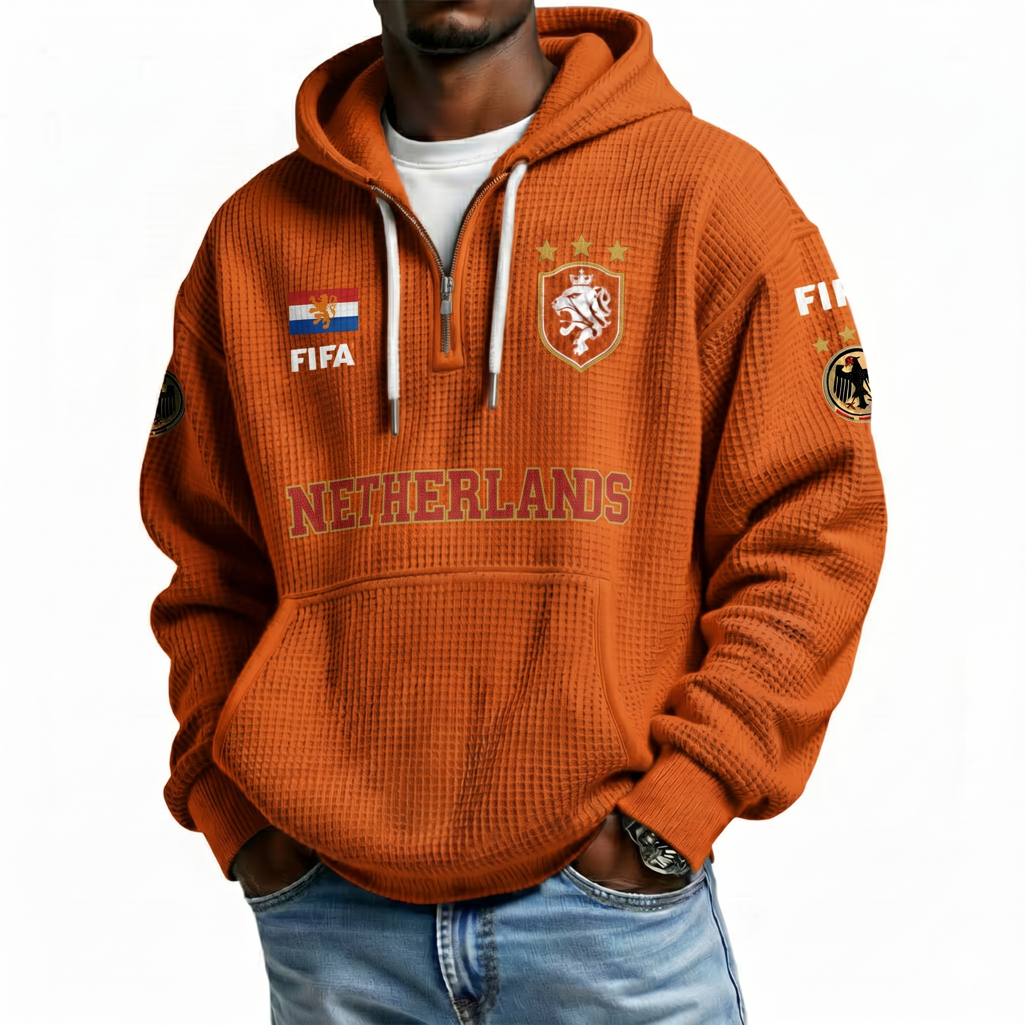 FIFA 2026 Netherlands Printed Waffle Quarter Zip Football Fan Hoodie