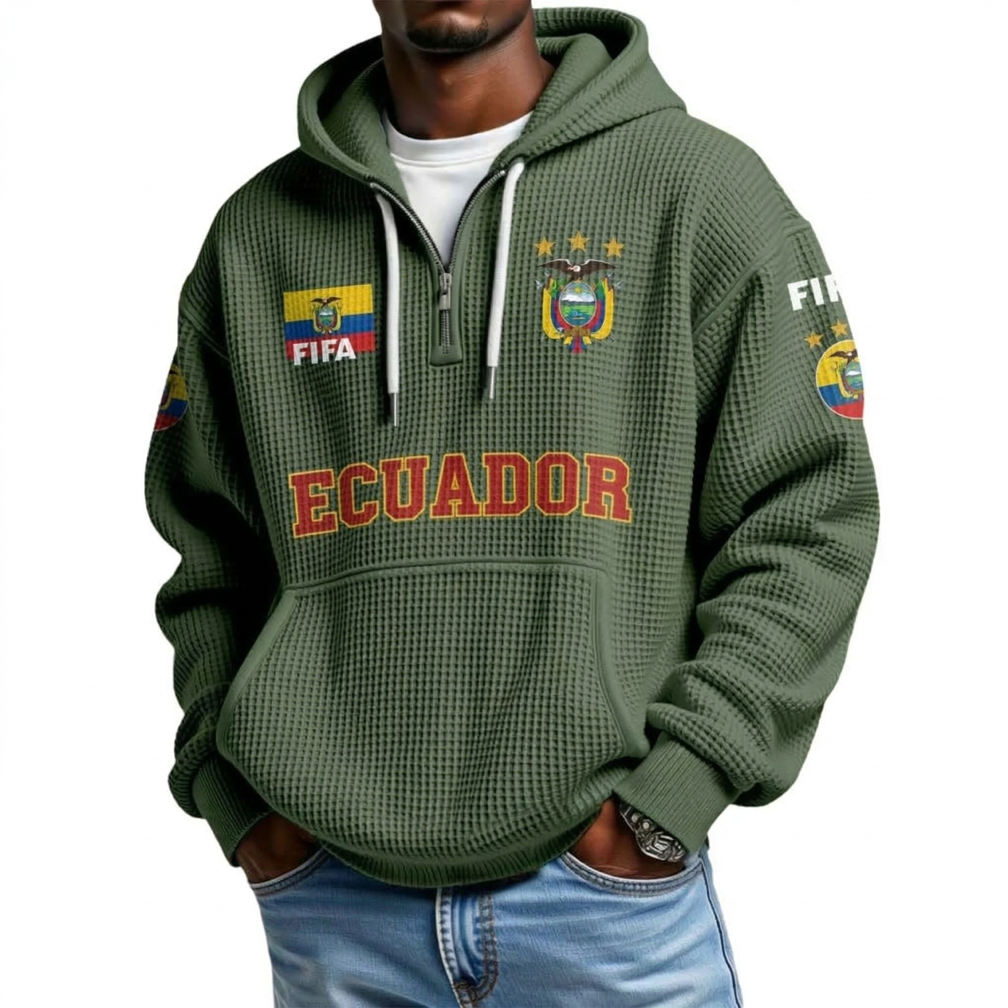 FIFA 2026 Ecuador Printed Waffle Quarter Zip Football Fan Hoodie