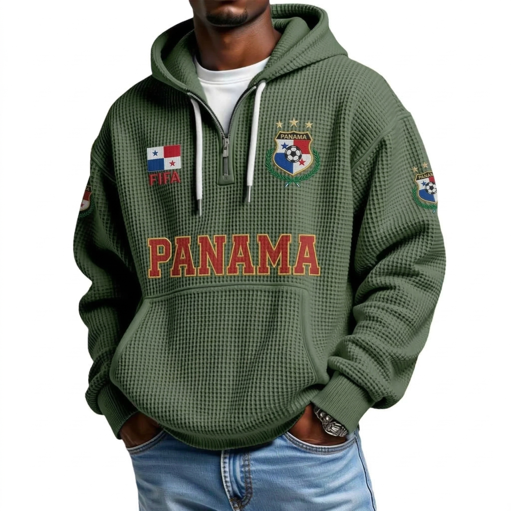 FIFA 2026 Panama Printed Waffle Quarter Zip Football Fan Hoodie