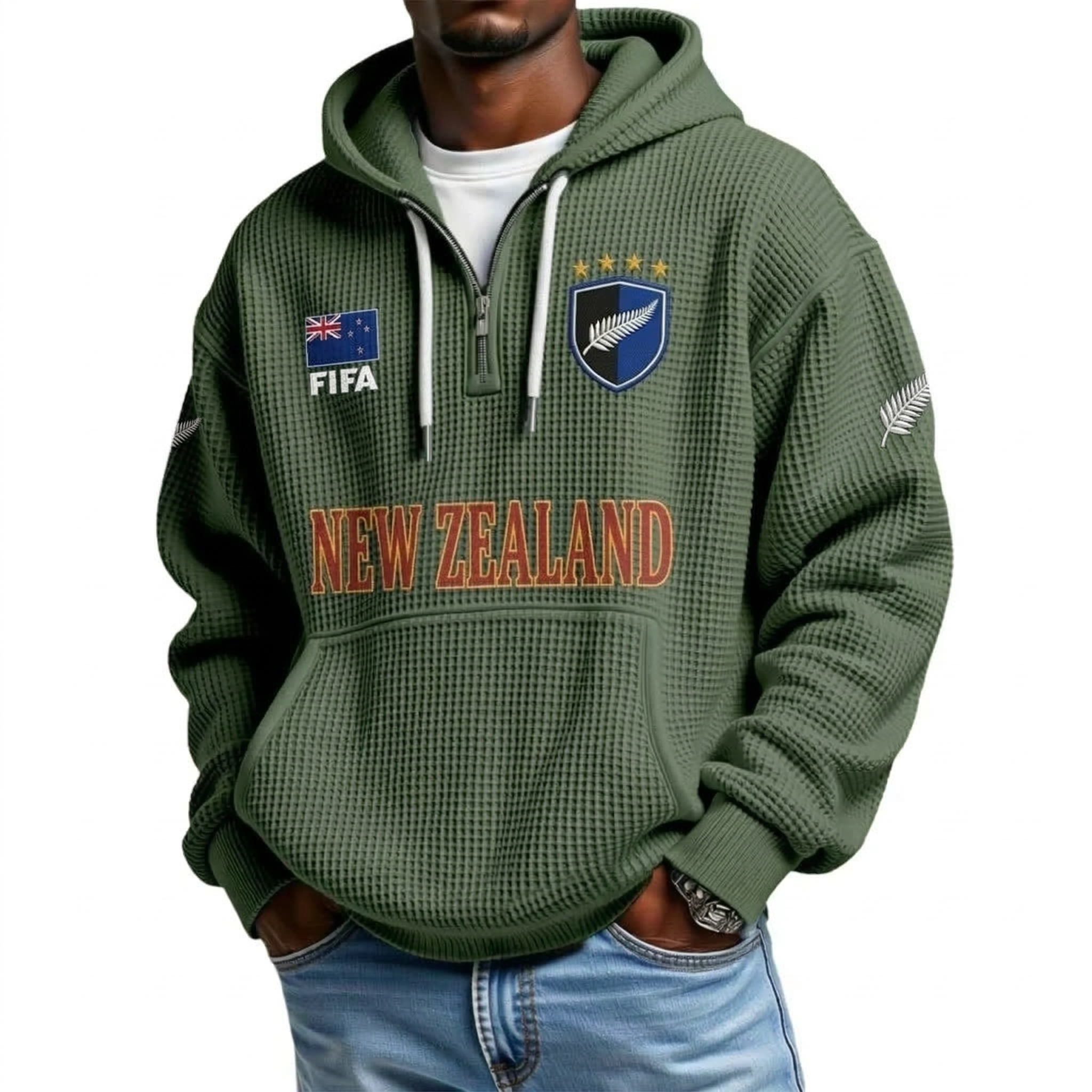 FIFA 2026 New Zealand Printed Waffle Quarter Zip Football Fan Hoodie