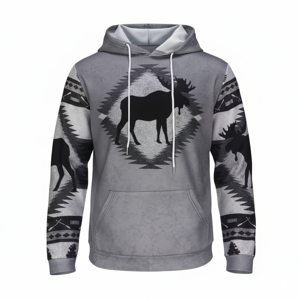 Vintage Moose Print Hoodie For Men