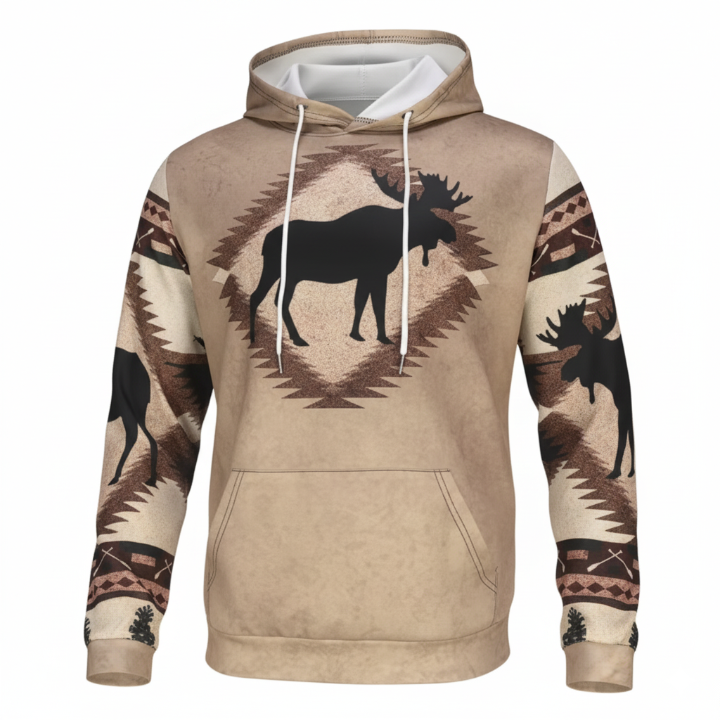 Vintage Moose Print Hoodie For Men