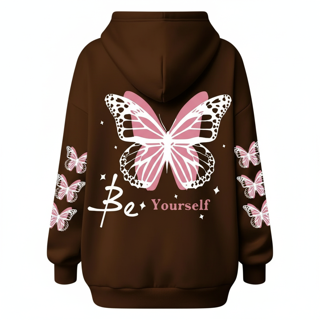 Plus Size Butterfly Print Drawstring Hoodie