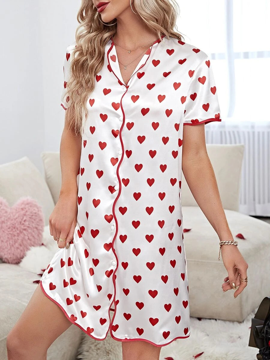 Geometric Print Contrast Piping Satin Nightdress-Soco Hoodie