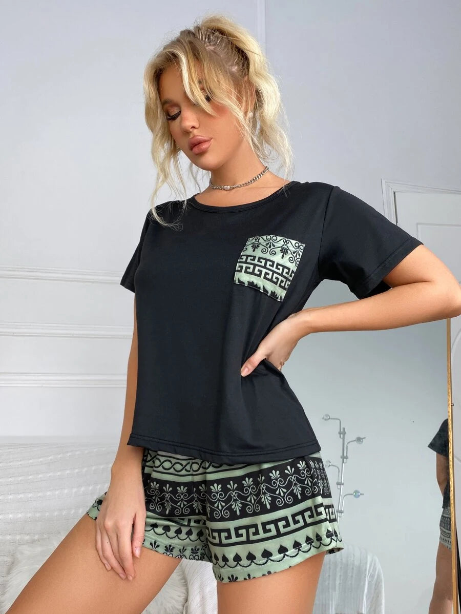 Geometric Tribal Graphic Print Pocket Pajama Set-Soco Hoodie
