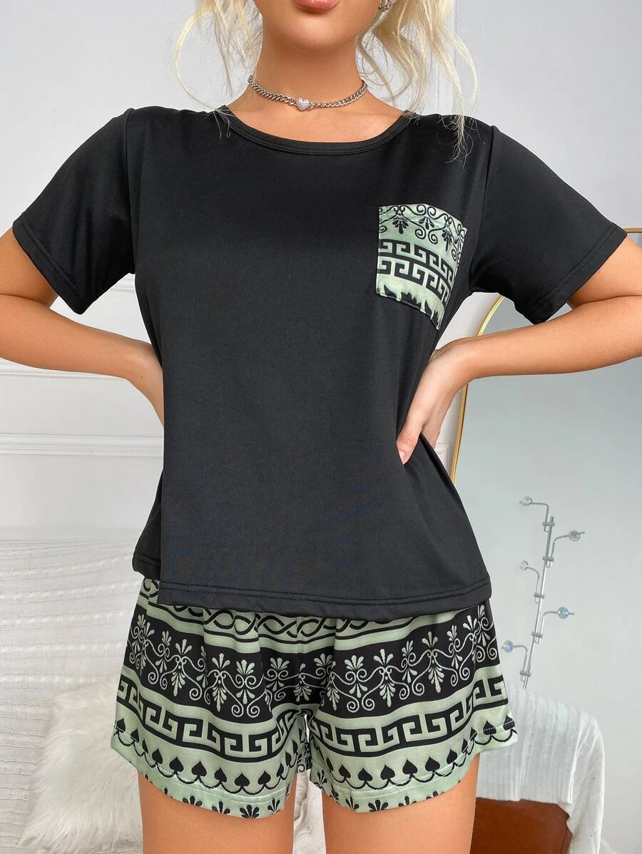 Geometric Tribal Graphic Print Pocket Pajama Set-Soco Hoodie