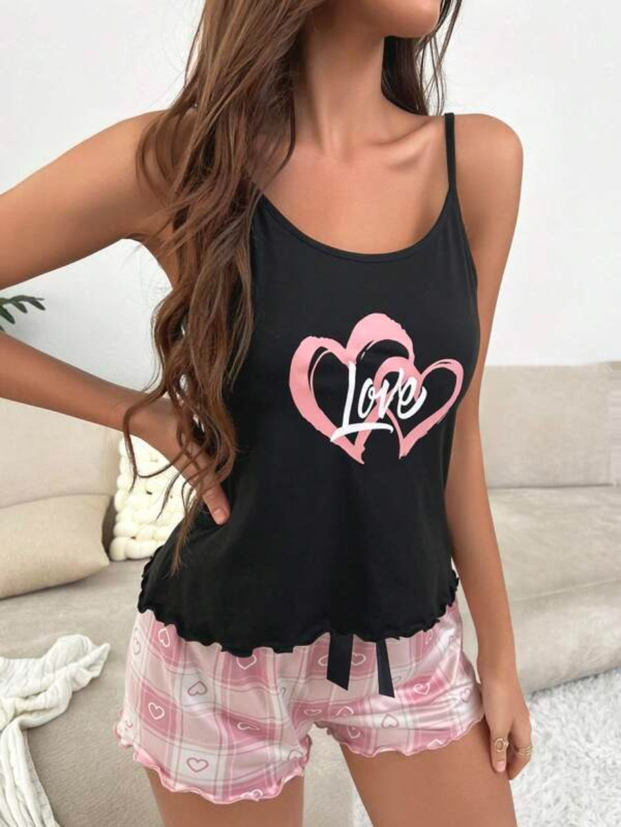 Graphic Print Lettuce Trim Bow Front Shorts Set-Soco Hoodie