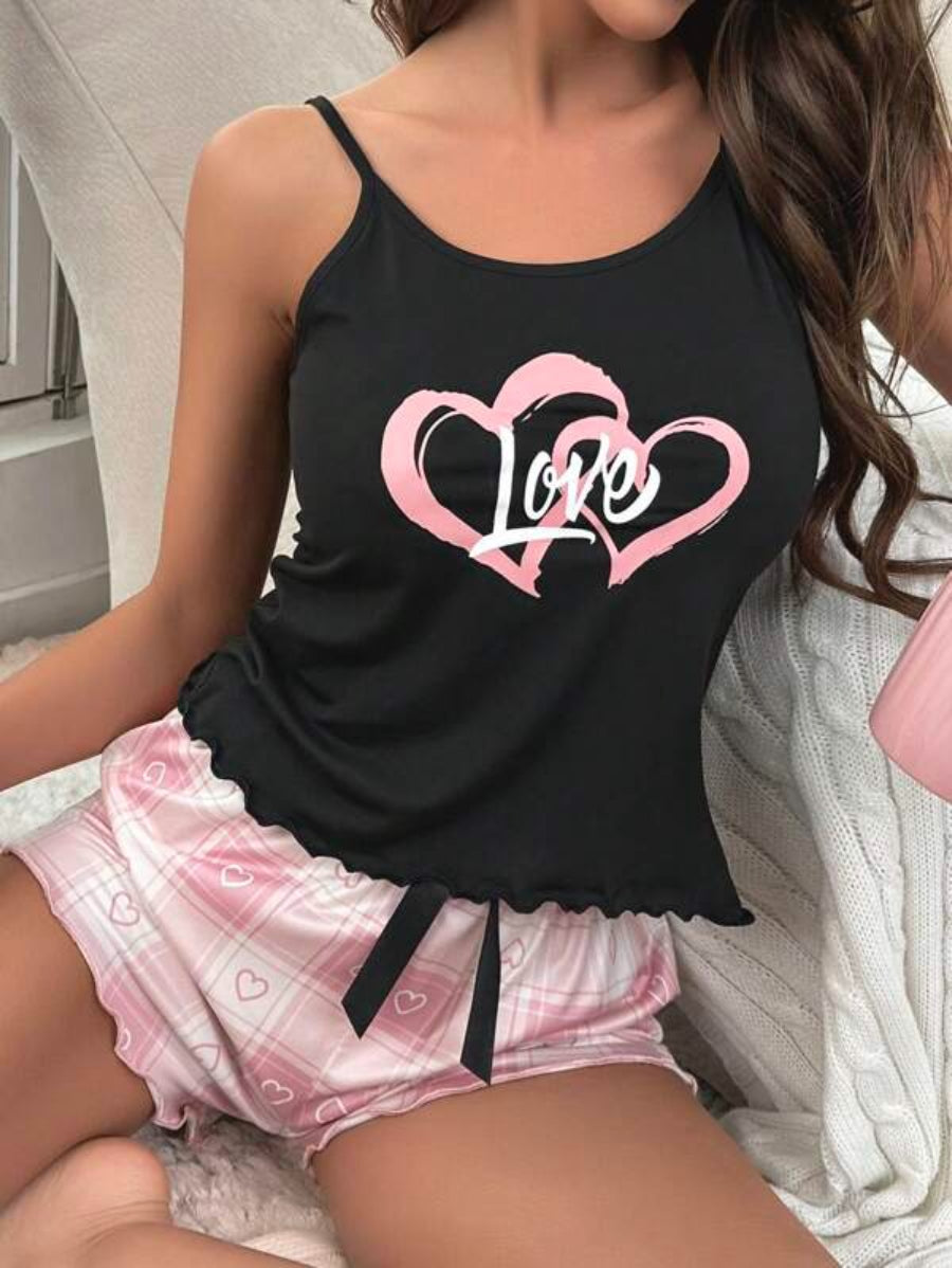 Graphic Print Lettuce Trim Bow Front Shorts Set-Soco Hoodie