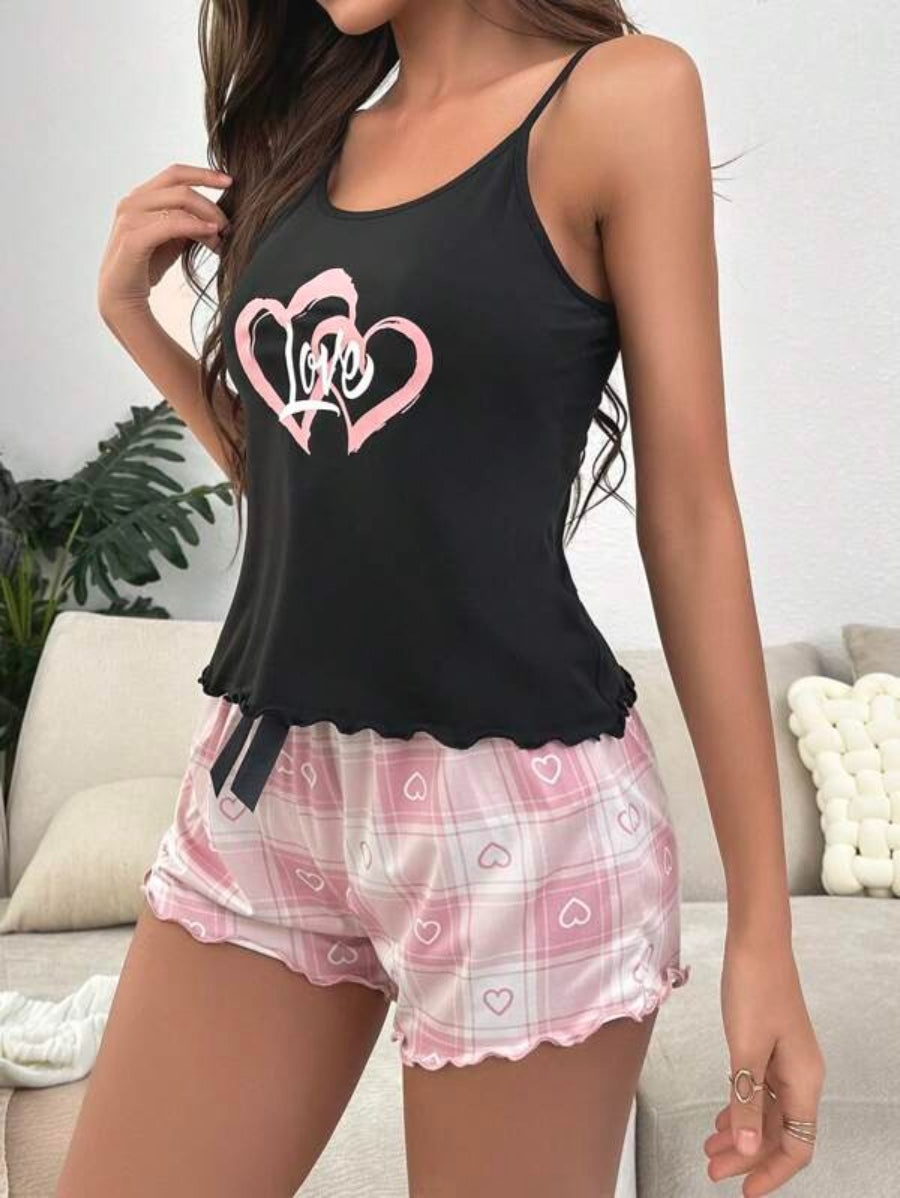 Graphic Print Lettuce Trim Bow Front Shorts Set-Soco Hoodie